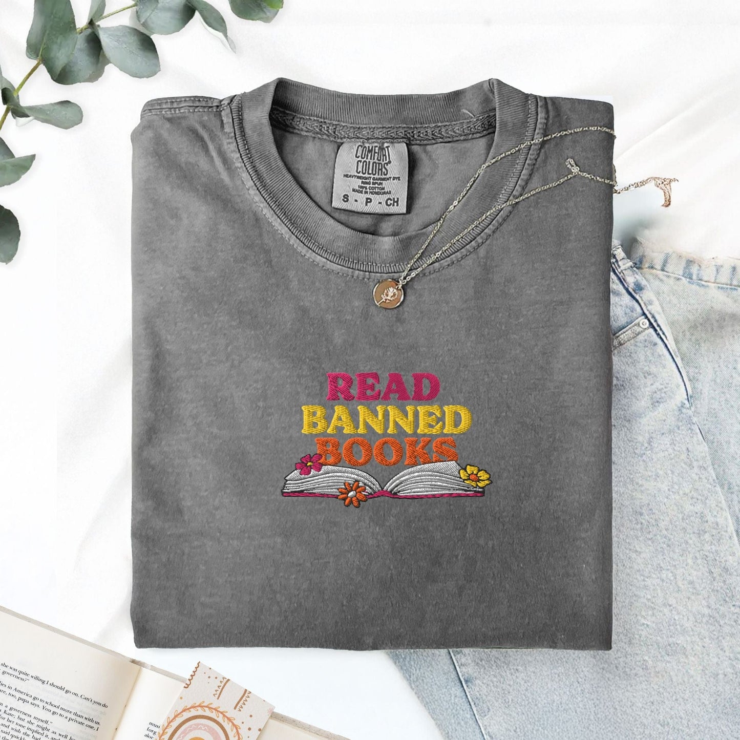 My Store Read Banned Books Rainbow Flowers Embroidered T-Shirt Read Banned Books Rainbow Flowers Embroidered T-Shirt