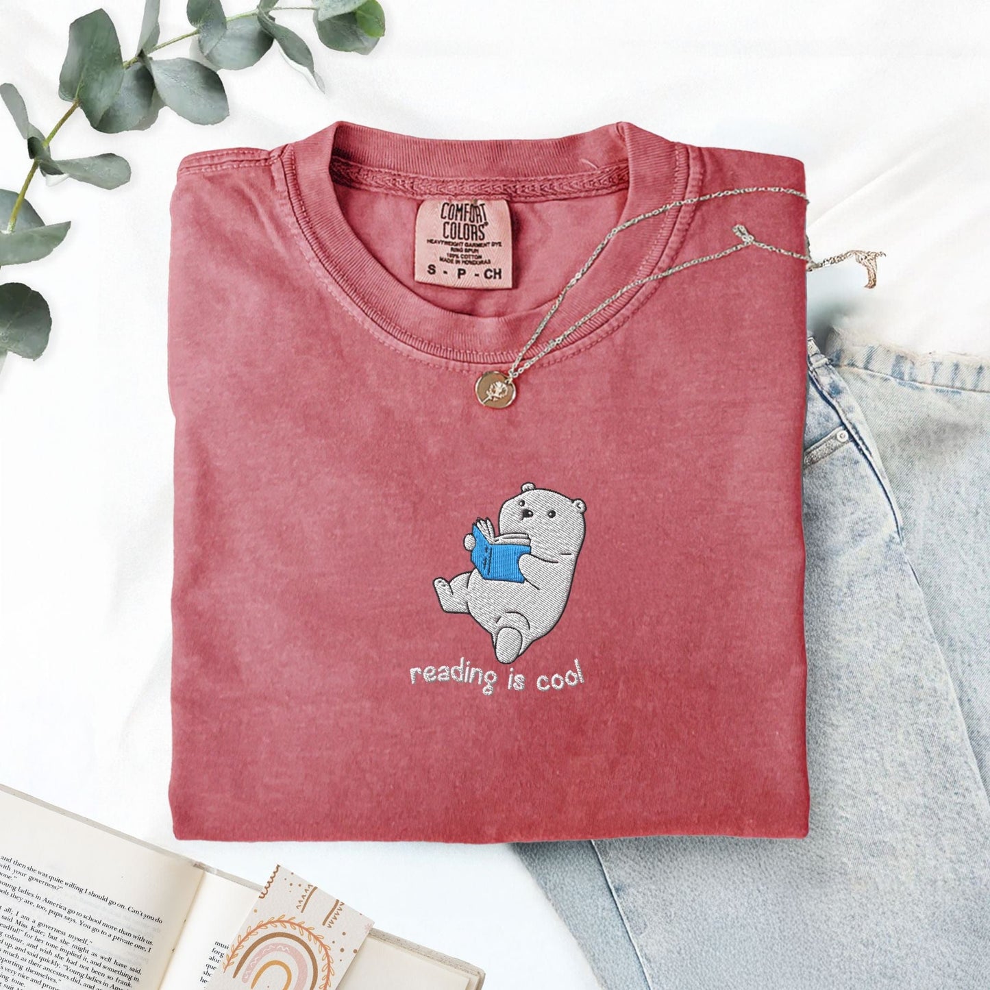 My Store Reading Is Cool Cute Embroidered Polar Bear Book T-Shirt Reading Is Cool Cute Embroidered Polar Bear Book T-Shirt