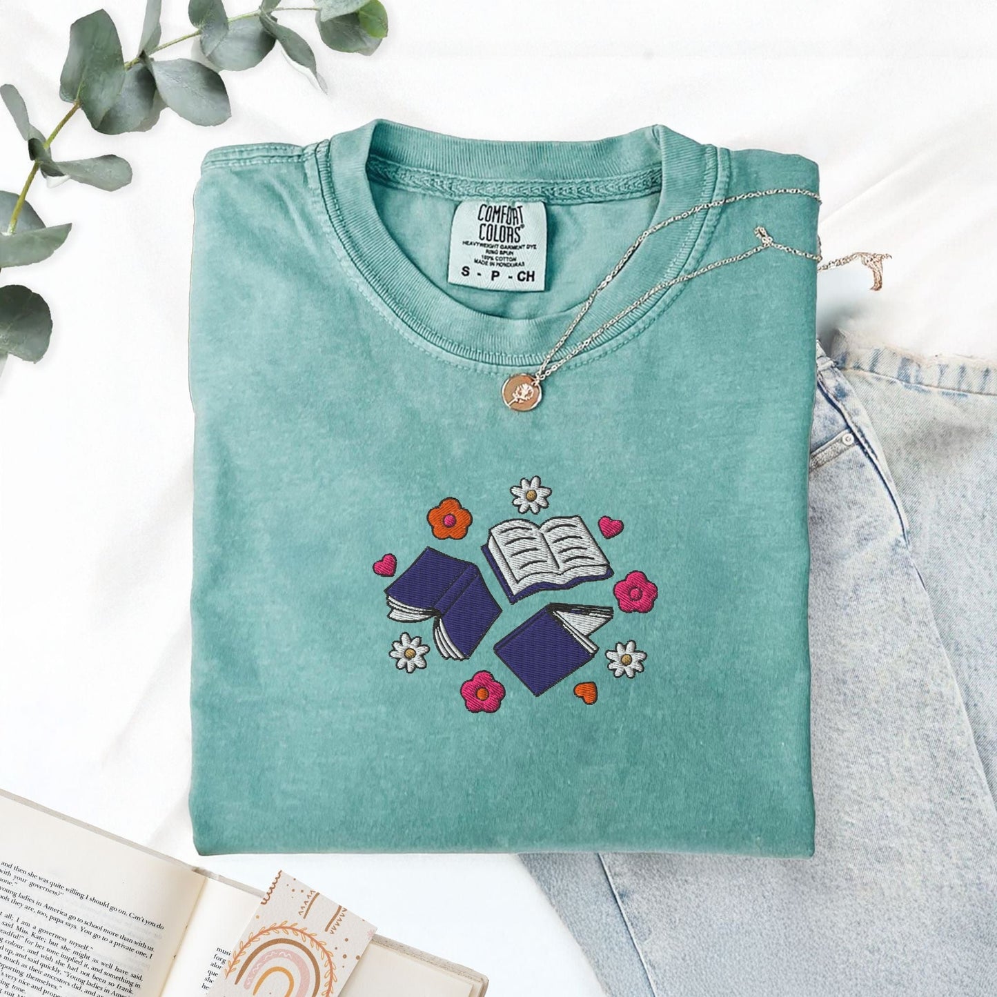 My Store Books and Flowers Embroidered Book Lover T-Shirt Books and Flowers Embroidered Book Lover T-Shirt