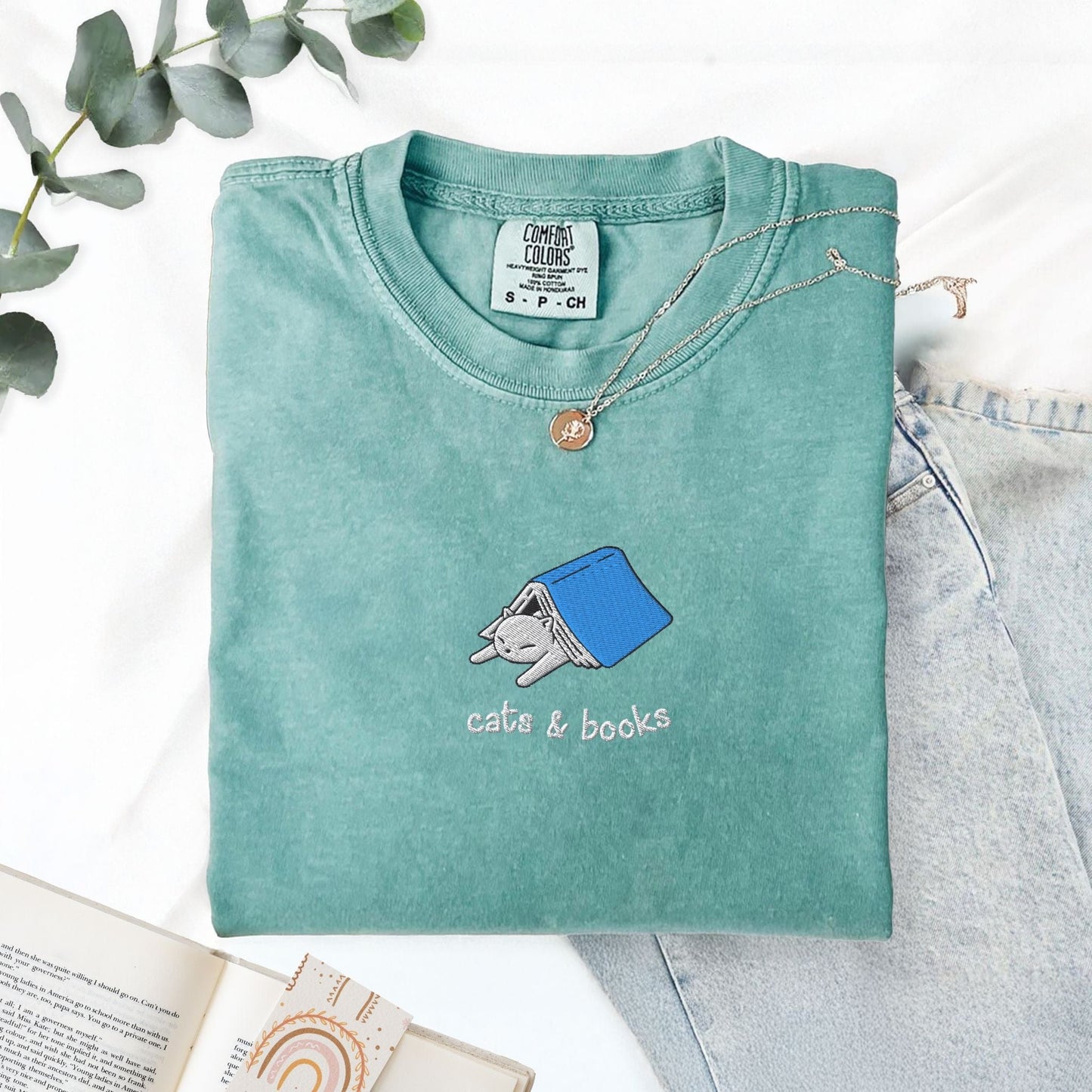 My Store Cats and Books Embroidered Comfort Colors T-Shirt Cats and Books Embroidered Comfort Colors T-Shirt
