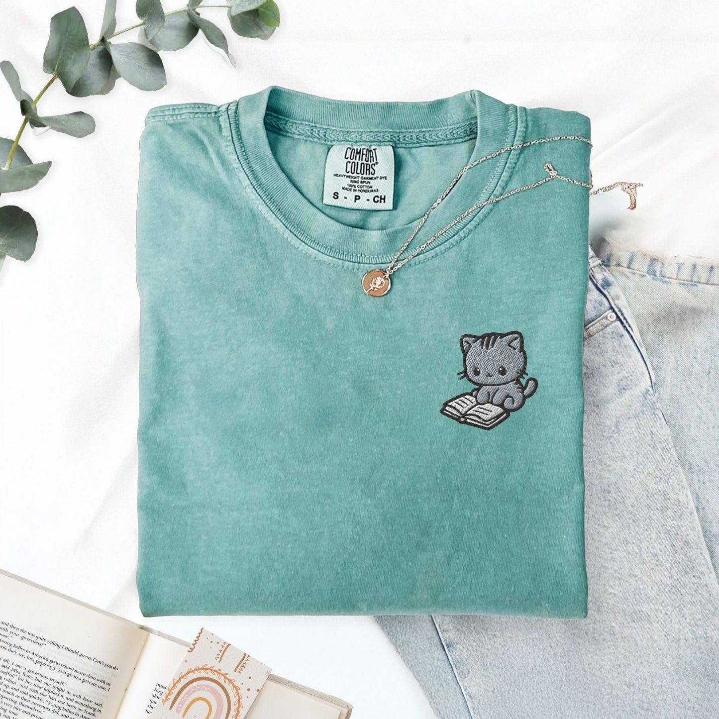 My Store Cute Embroidered Cat Reading a Book Comfort Colors T-Shirt Cute Embroidered Cat Reading a Book Comfort Colors T-Shirt