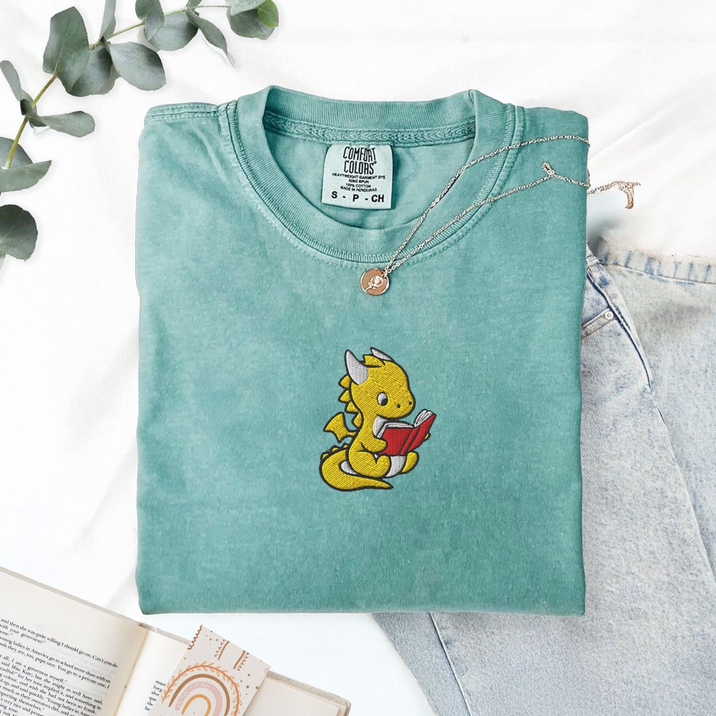 My Store Dragon Reading Embroidered T-Shirt Dragon Reading Embroidered T-Shirt