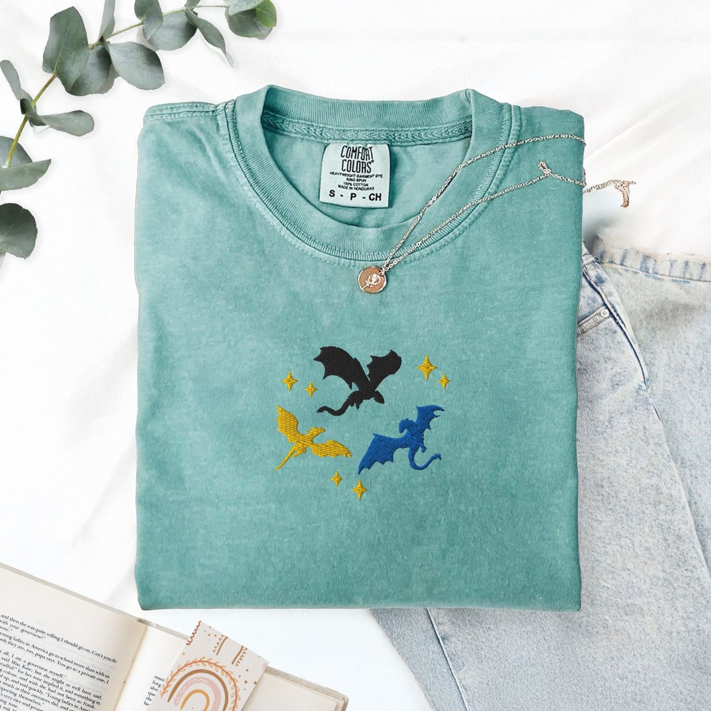 My Store Embroidered Dragons Flying Bookish Fantasy T-Shirt Embroidered Dragons Flying Bookish Fantasy T-Shirt