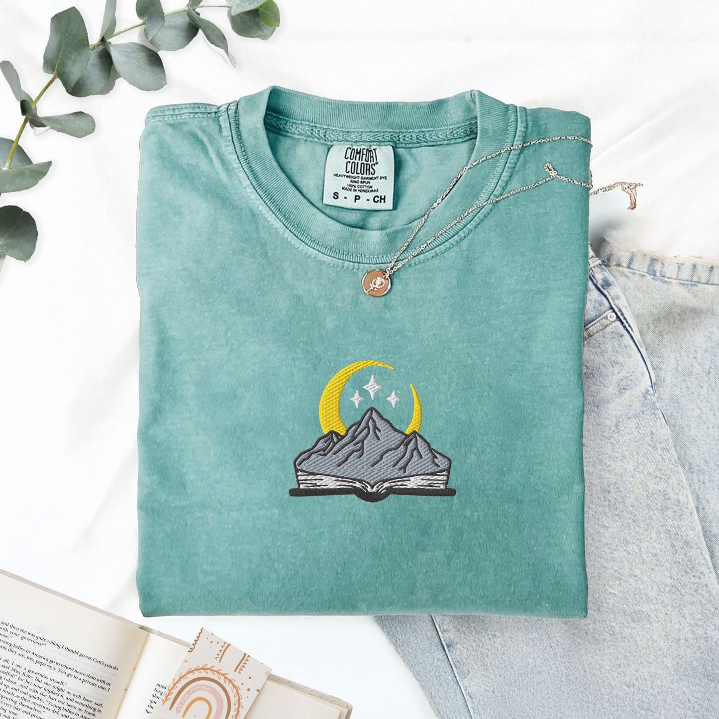 My Store Embroidered open book with mountain and stars, comfort colors embroidered fantasy book tee, ACOTAR merch Fourth Wing Romantasy bookish gift Embroidered open book with mountain and stars, comfort colors embroidered fantasy book tee, ACOTAR merch Fourth Wing Romantasy bookish gift