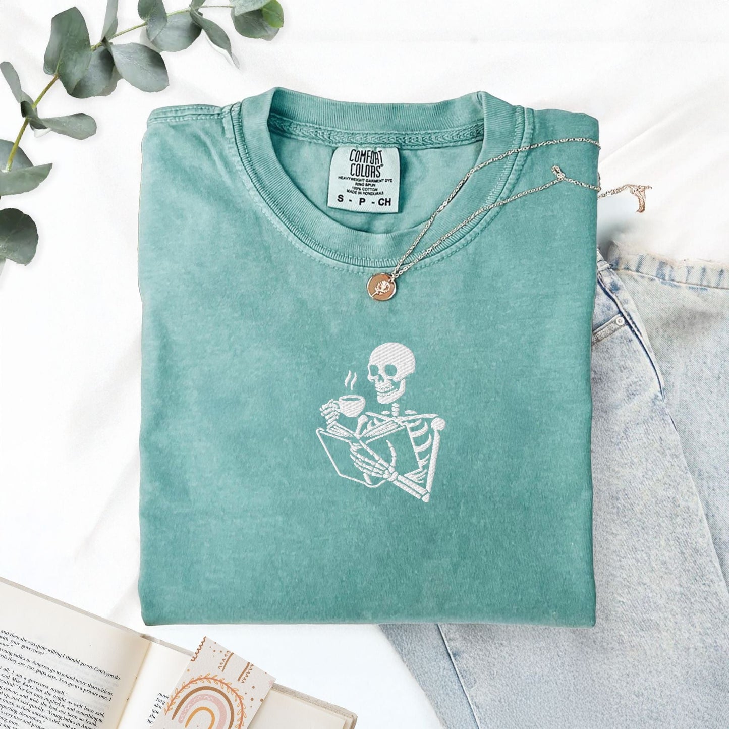 My Store Embroidered Skeleton Reading a Book Spooky Cute T-Shirt Embroidered Skeleton Reading a Book Spooky Cute T-Shirt