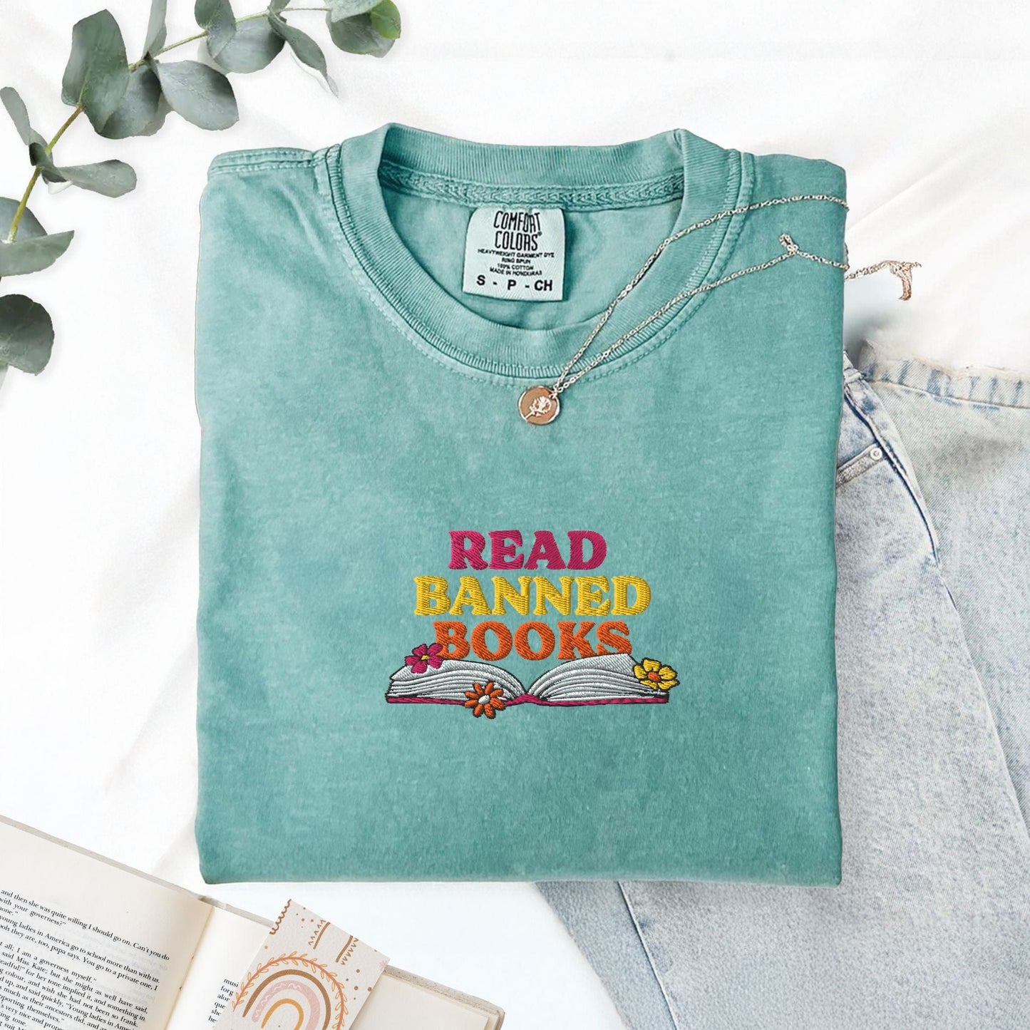 My Store Read Banned Books Rainbow Flowers Embroidered T-Shirt Read Banned Books Rainbow Flowers Embroidered T-Shirt