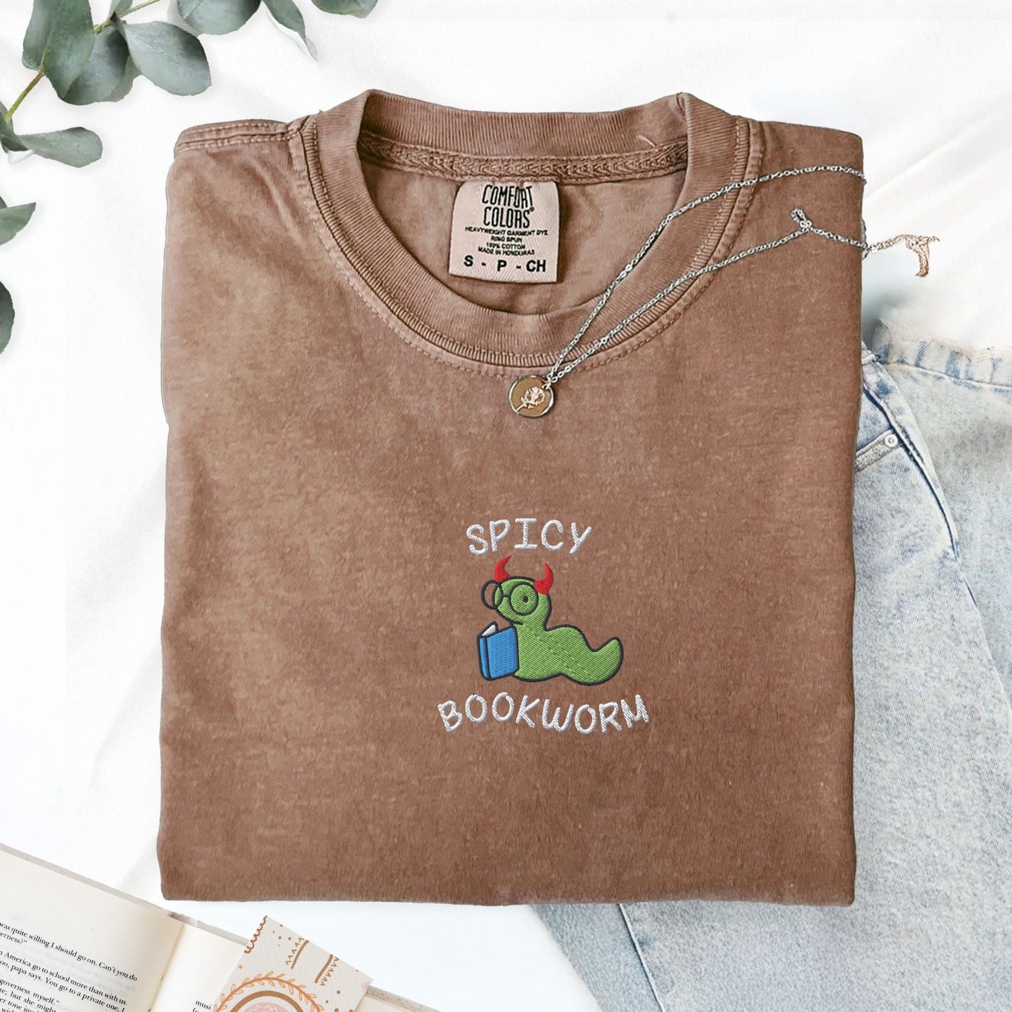 My Store Spicy Bookworm Embroidered T-Shirt Spicy Bookworm Embroidered T-Shirt