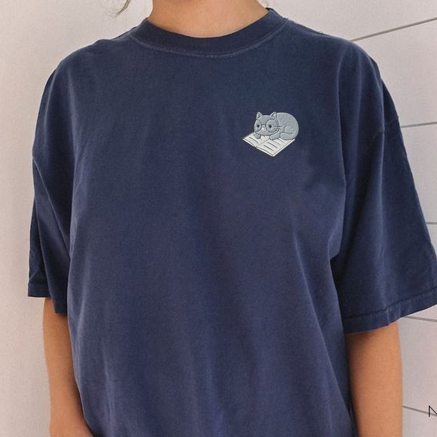 My Store Cute Embroidered Cat on a Book T-Shirt Cute Embroidered Cat on a Book T-Shirt