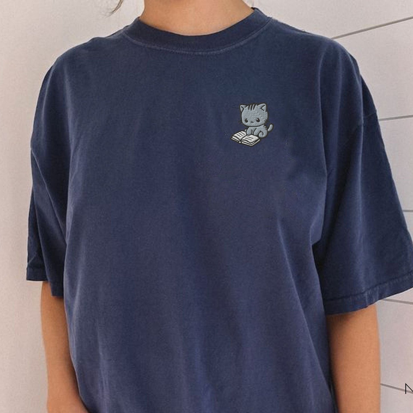 My Store Cute Embroidered Cat Reading a Book Comfort Colors T-Shirt Cute Embroidered Cat Reading a Book Comfort Colors T-Shirt