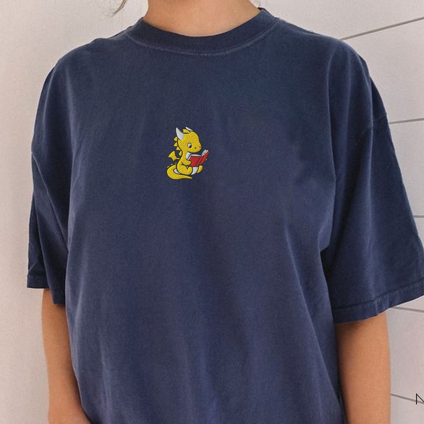 My Store Dragon Reading Embroidered T-Shirt Dragon Reading Embroidered T-Shirt