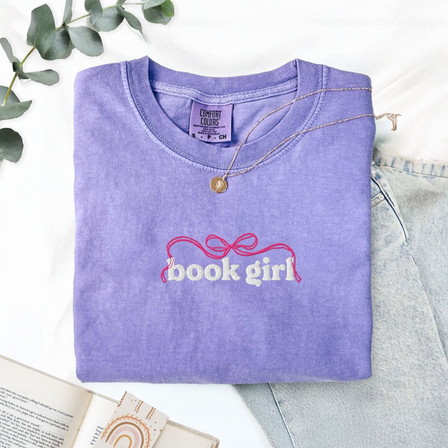 My Store Book Girl Embroidered Coquette Bow Cute Book Tee Book Girl Embroidered Coquette Bow Cute Book Tee