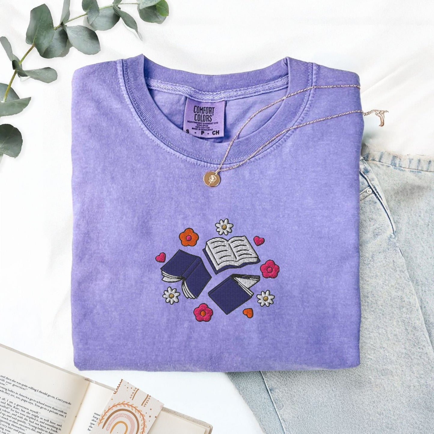 My Store Books and Flowers Embroidered Book Lover T-Shirt Books and Flowers Embroidered Book Lover T-Shirt