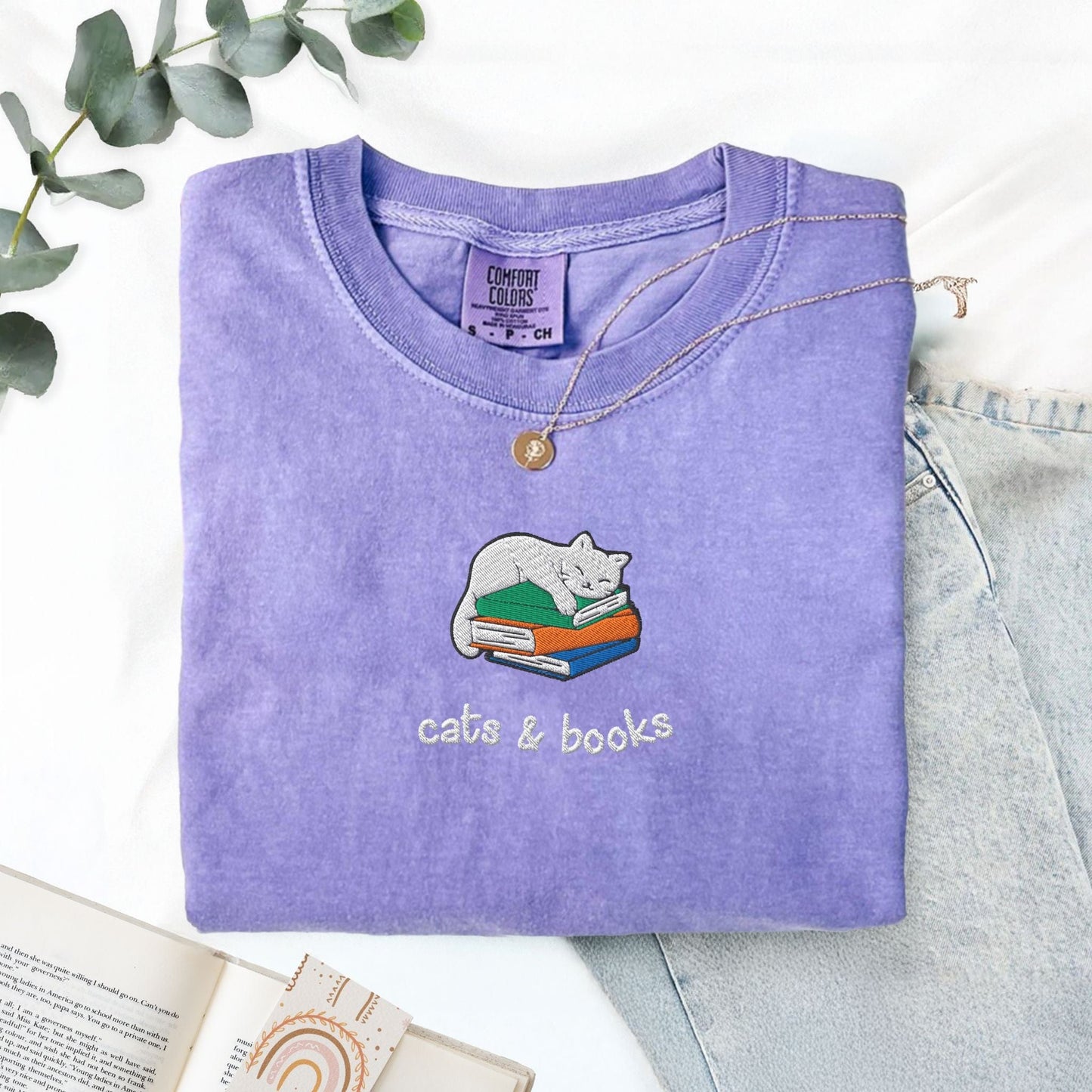 My Store Cats and Books Embroidered Comfort Colors T-Shirt Cats and Books Embroidered Comfort Colors T-Shirt