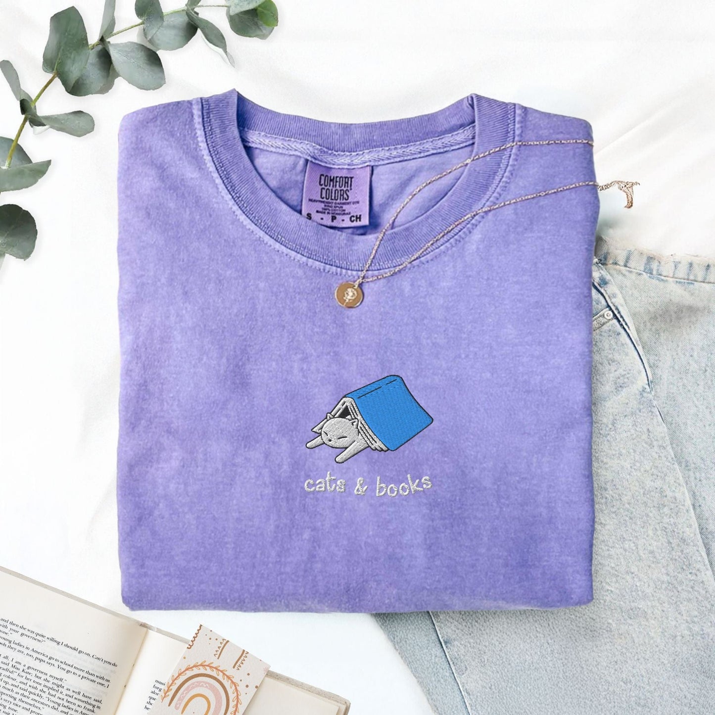My Store Cats and Books Embroidered Comfort Colors T-Shirt Cats and Books Embroidered Comfort Colors T-Shirt