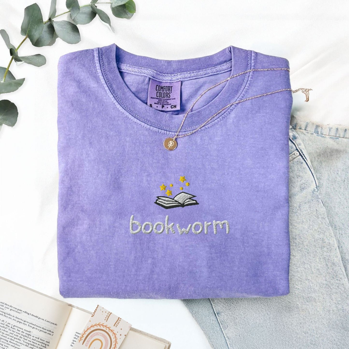 My Store Cute Embroidered Bookworm T-Shirt Cute Embroidered Bookworm T-Shirt