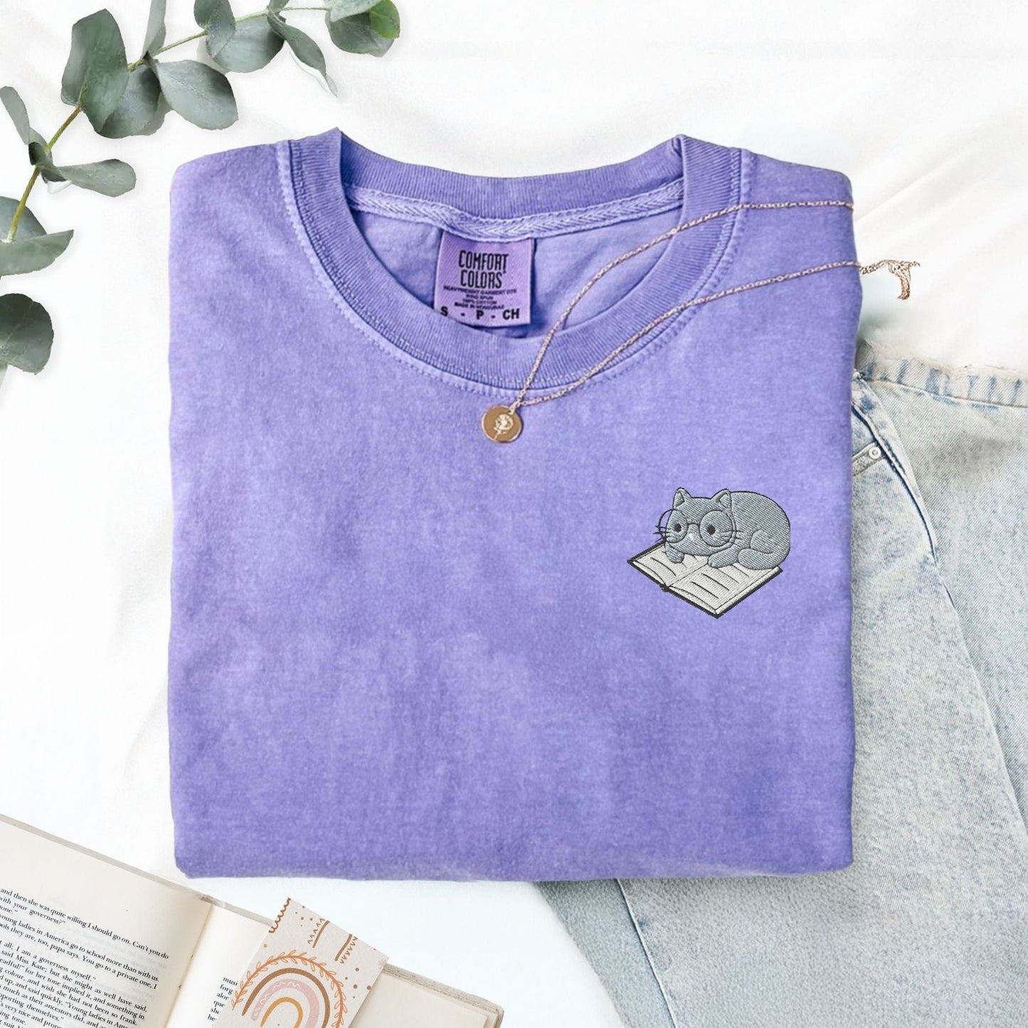 My Store Cute Embroidered Cat on a Book T-Shirt Cute Embroidered Cat on a Book T-Shirt