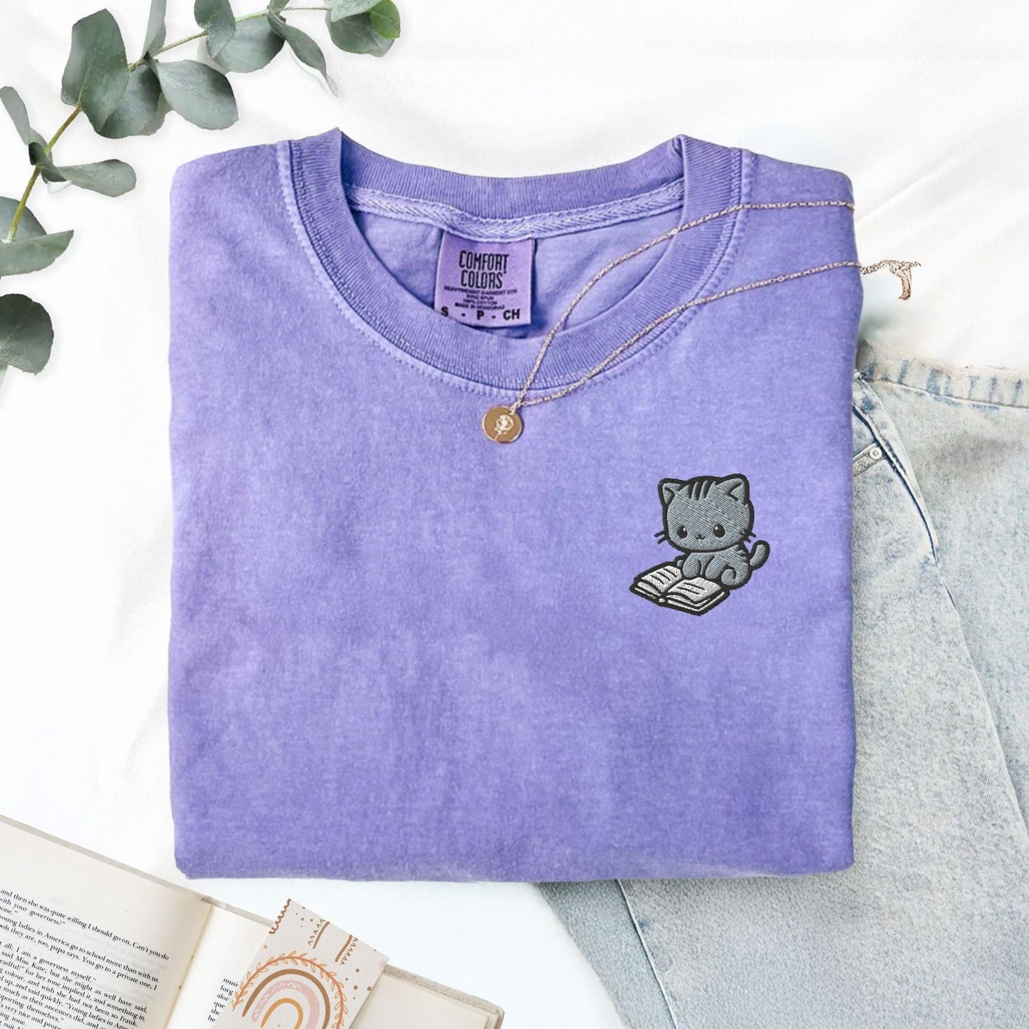 My Store Cute Embroidered Cat Reading a Book Comfort Colors T-Shirt Cute Embroidered Cat Reading a Book Comfort Colors T-Shirt