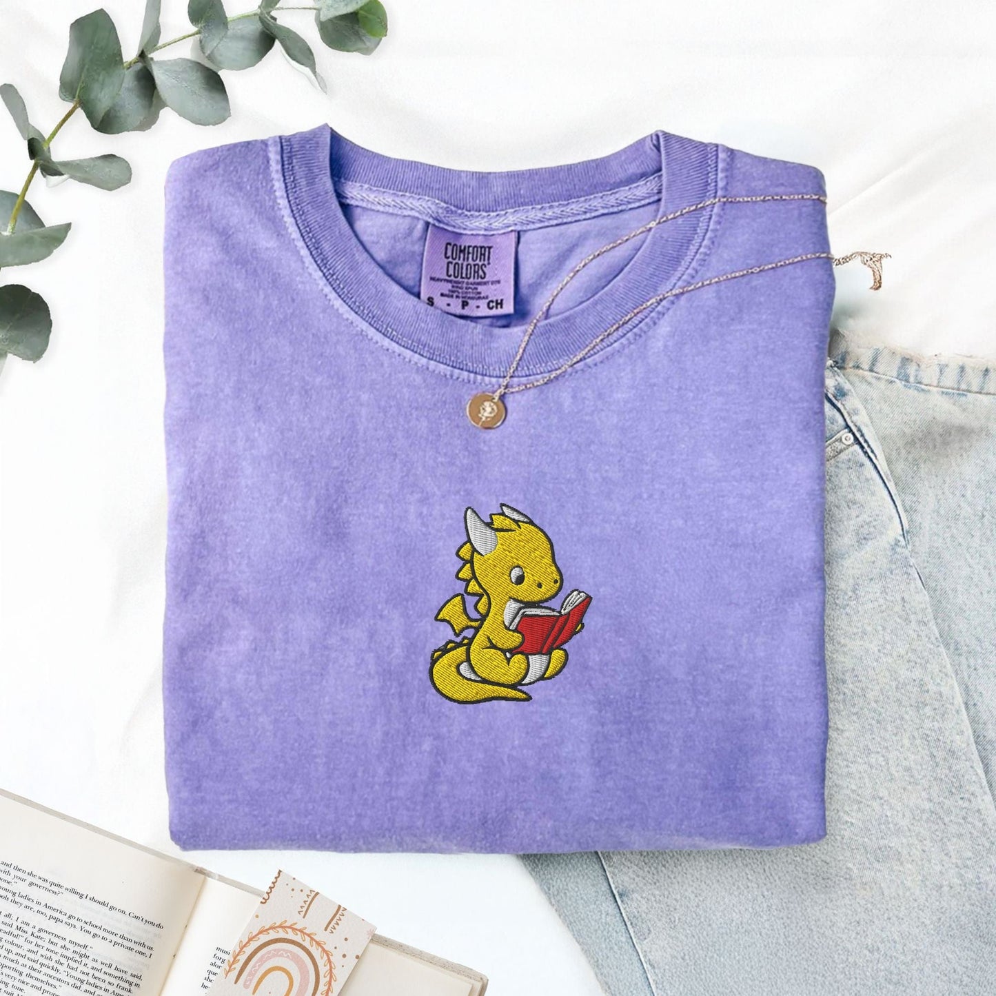 My Store Dragon Reading Embroidered T-Shirt Dragon Reading Embroidered T-Shirt