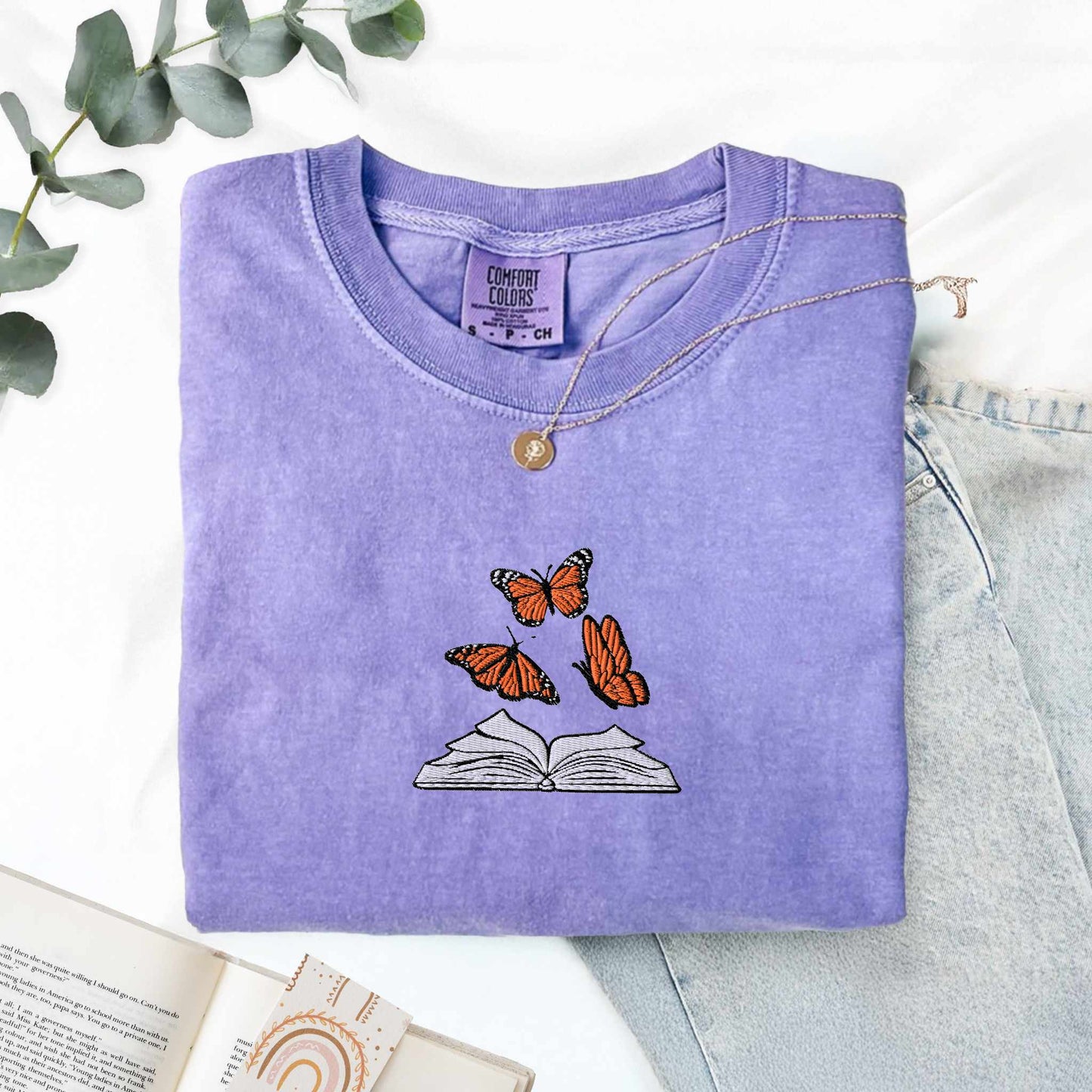 My Store Embroidered Butterflies and Books Comfort Colors TShirt Embroidered Butterflies and Books Comfort Colors TShirt
