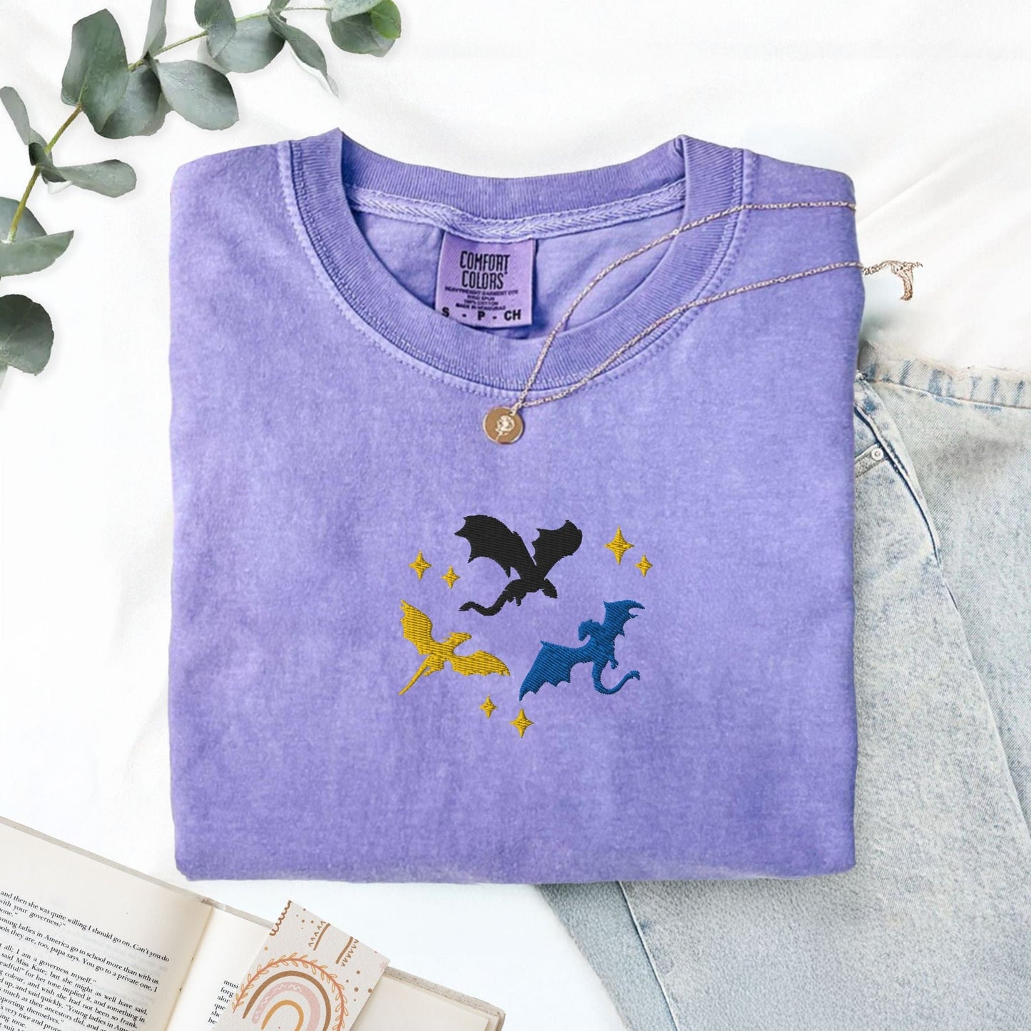 My Store Embroidered Dragons Flying Bookish Fantasy T-Shirt Embroidered Dragons Flying Bookish Fantasy T-Shirt
