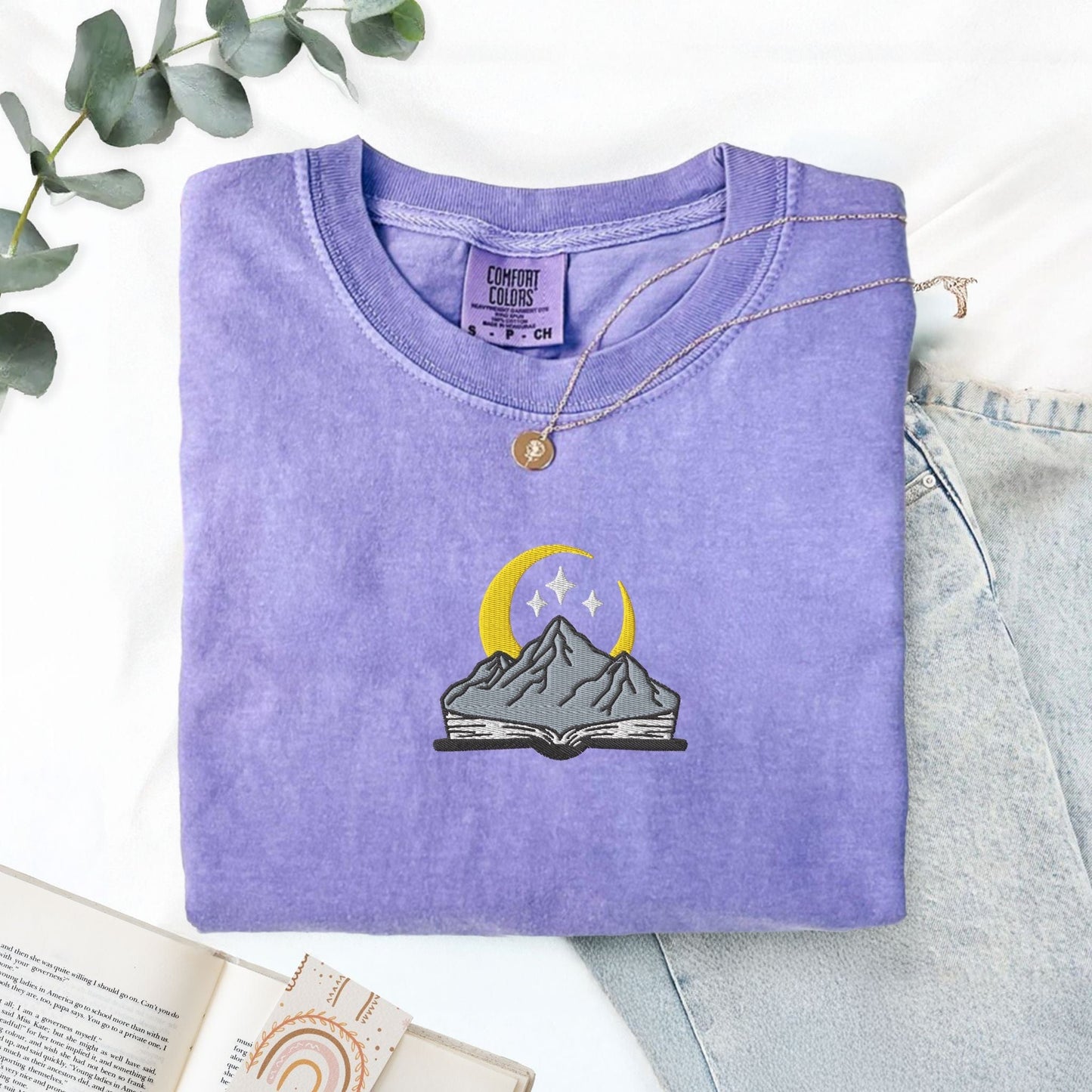 My Store Embroidered open book with mountain and stars, comfort colors embroidered fantasy book tee, ACOTAR merch Fourth Wing Romantasy bookish gift Embroidered open book with mountain and stars, comfort colors embroidered fantasy book tee, ACOTAR merch Fourth Wing Romantasy bookish gift
