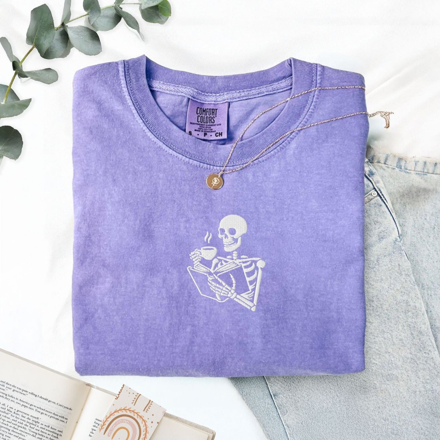 My Store Embroidered Skeleton Reading a Book Spooky Cute T-Shirt Embroidered Skeleton Reading a Book Spooky Cute T-Shirt