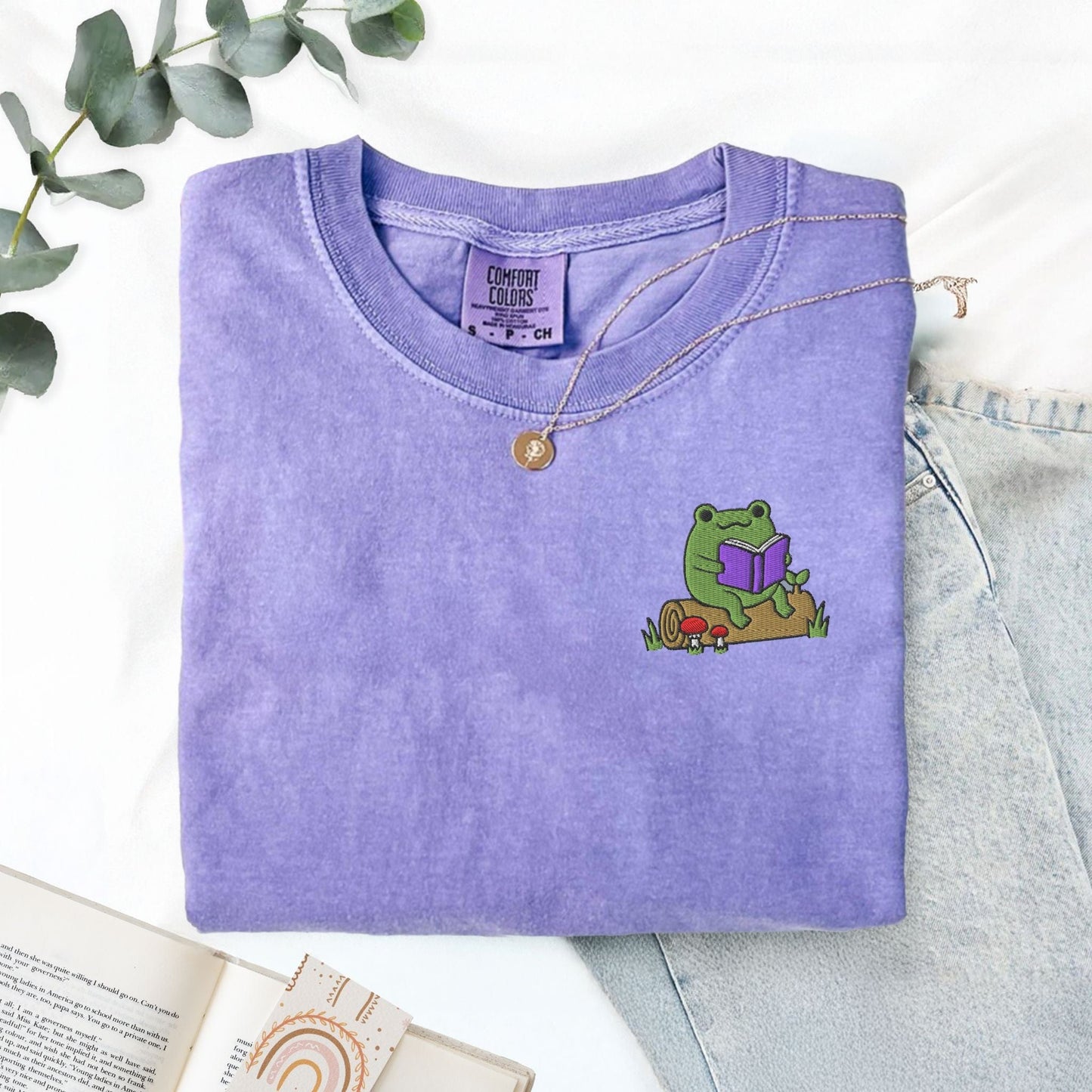 My Store Frog Reading On A Log Cute Embroidered Frog T-Shirt Frog Reading On A Log Cute Embroidered Frog T-Shirt