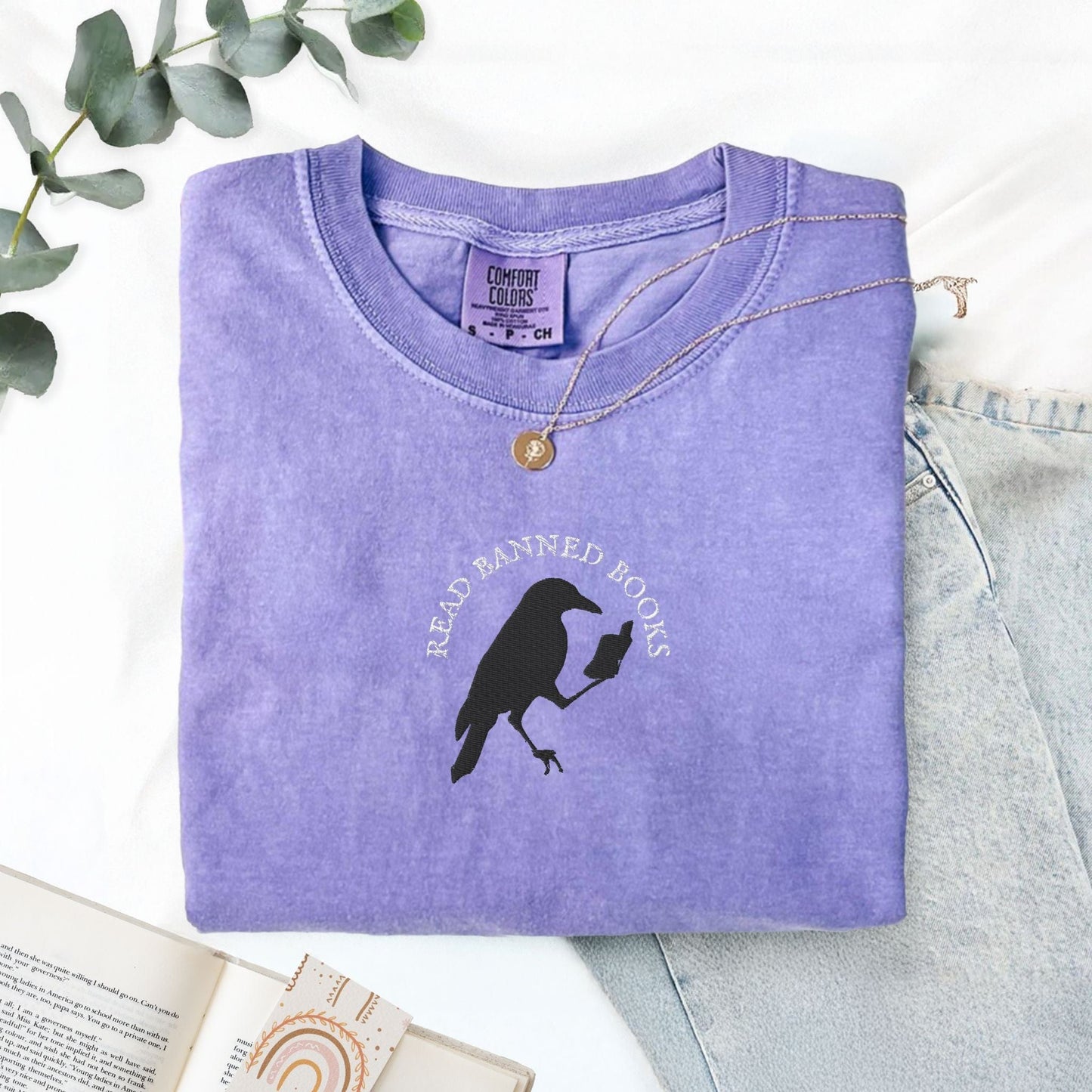 My Store Read Banned Books Edgar Allen Crow Embroidered T-Shirt Read Banned Books Edgar Allen Crow Embroidered T-Shirt