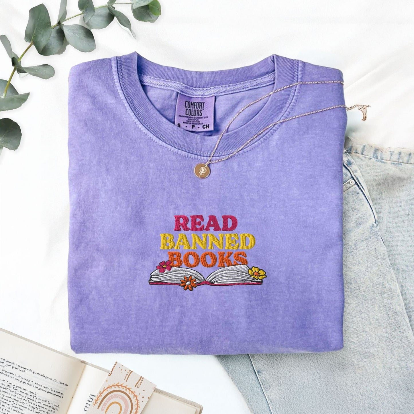 My Store Read Banned Books Rainbow Flowers Embroidered T-Shirt Read Banned Books Rainbow Flowers Embroidered T-Shirt