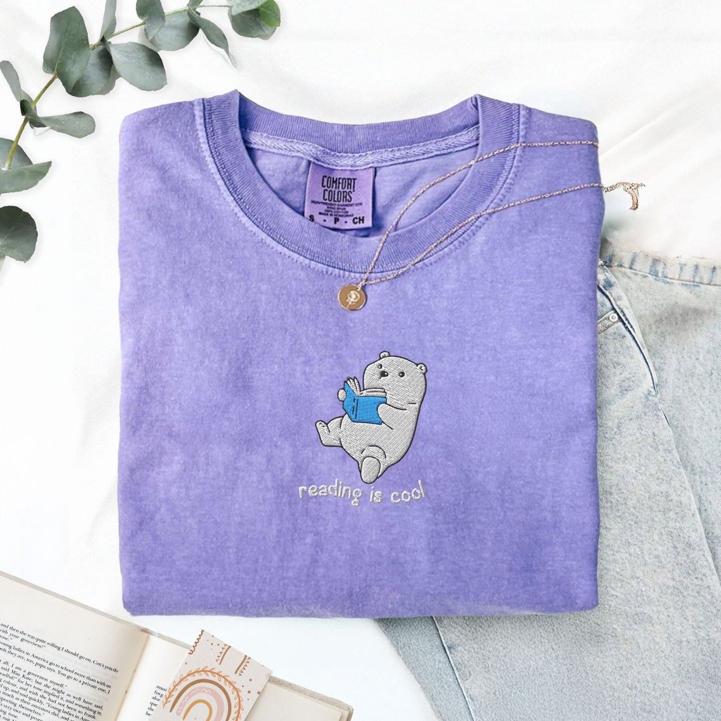 My Store Reading Is Cool Cute Embroidered Polar Bear Book T-Shirt Reading Is Cool Cute Embroidered Polar Bear Book T-Shirt