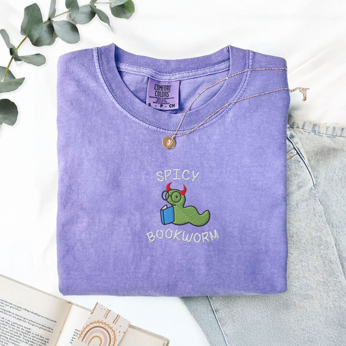 My Store Spicy Bookworm Embroidered T-Shirt Spicy Bookworm Embroidered T-Shirt