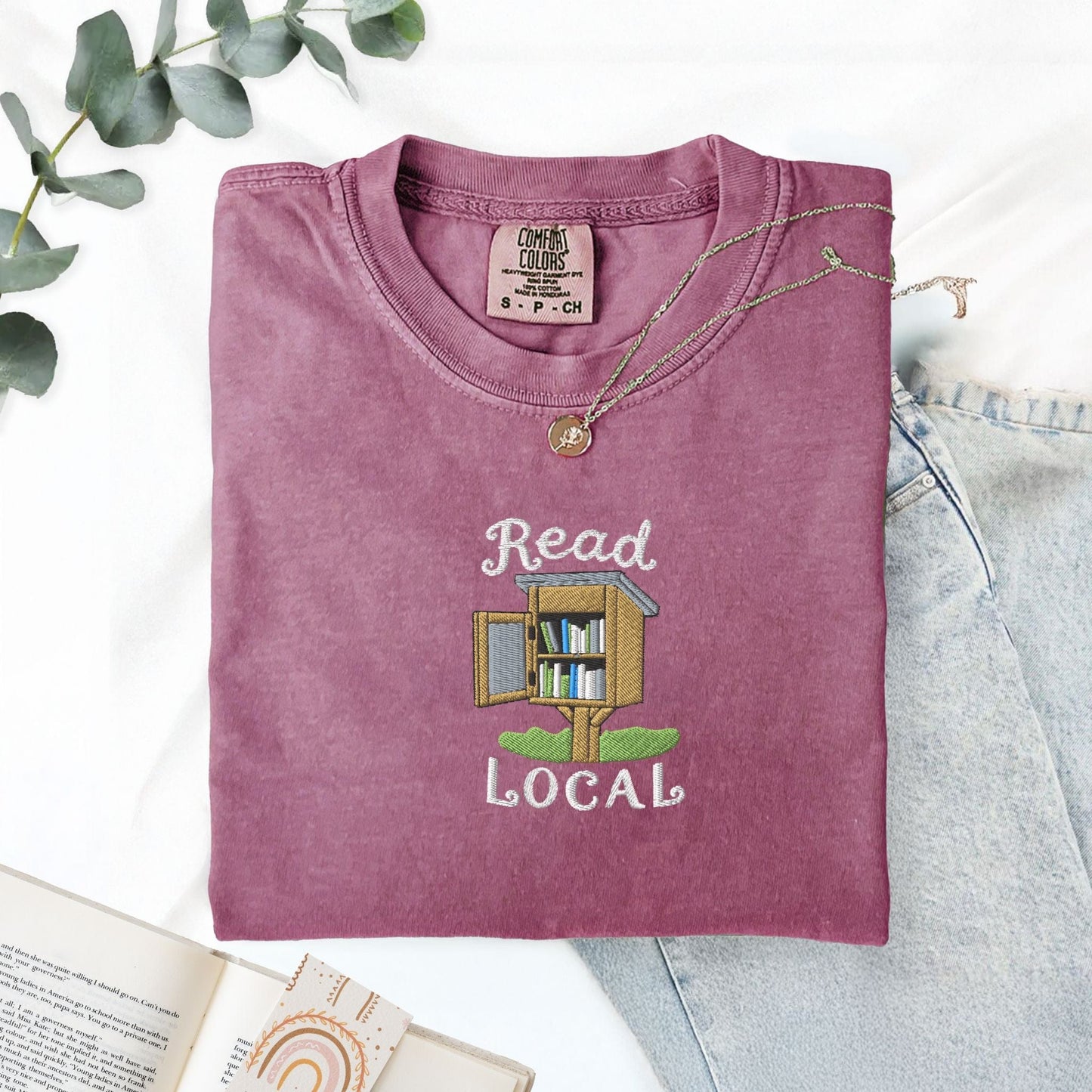 Pine Spice Books Read Local Embroidered T-Shirt Read Local Embroidered T-Shirt