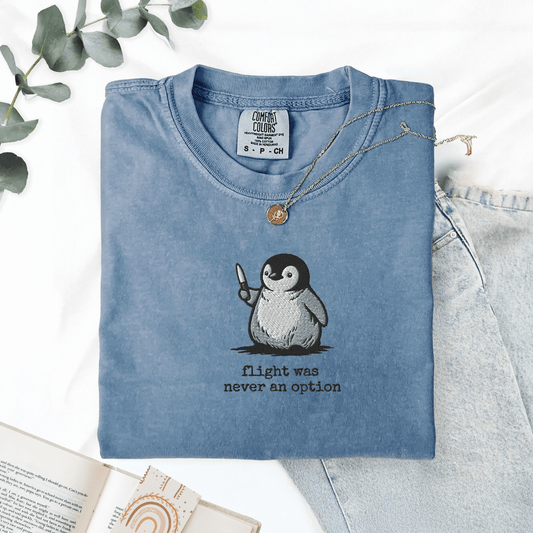 Pine Spice Books Flight Was Never An Option Penguin Embroidered T-Shirt Flight Was Never An Option Penguin Embroidered T-Shirt