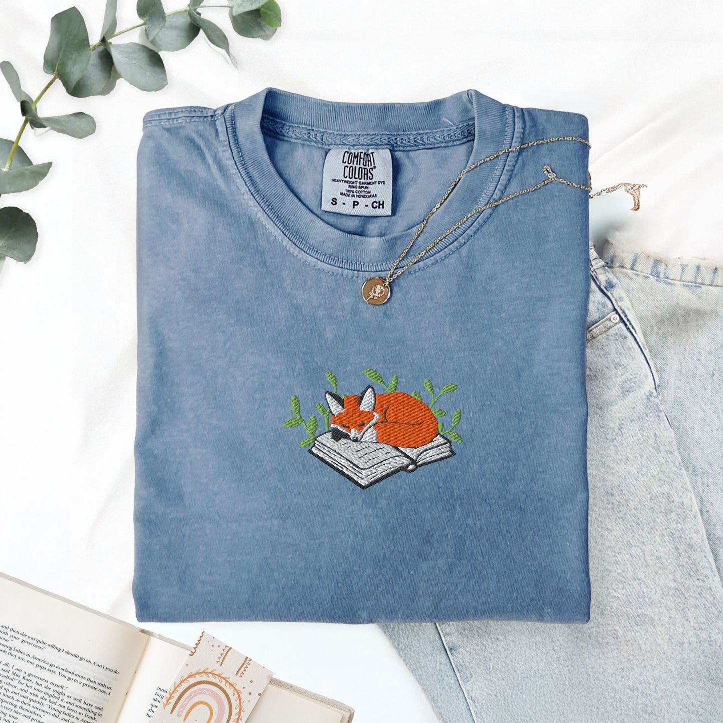 Pine Spice Books Fox Sleeping on a Book Embroidered T-Shirt Fox Sleeping on a Book Embroidered T-Shirt