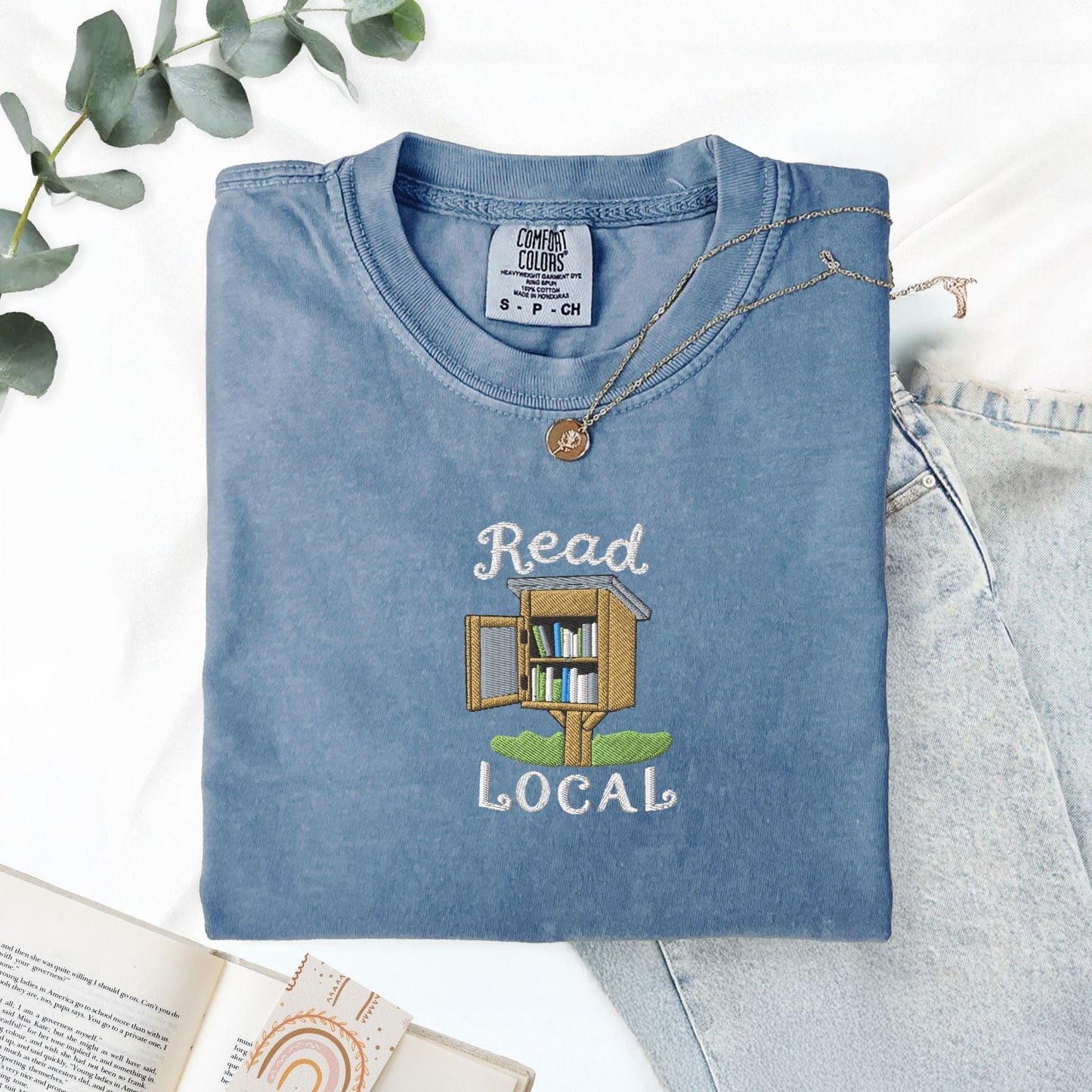 Pine Spice Books Read Local Embroidered T-Shirt Read Local Embroidered T-Shirt