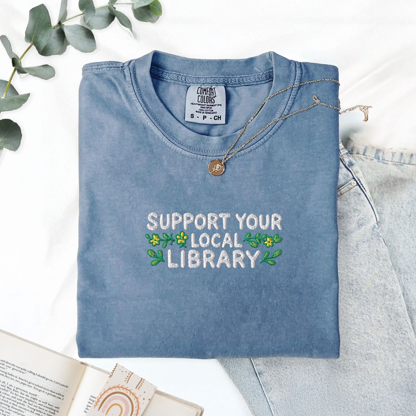 Pine Spice Books Support Your Local Library Embroidered T-Shirt Support Your Local Library Embroidered T-Shirt