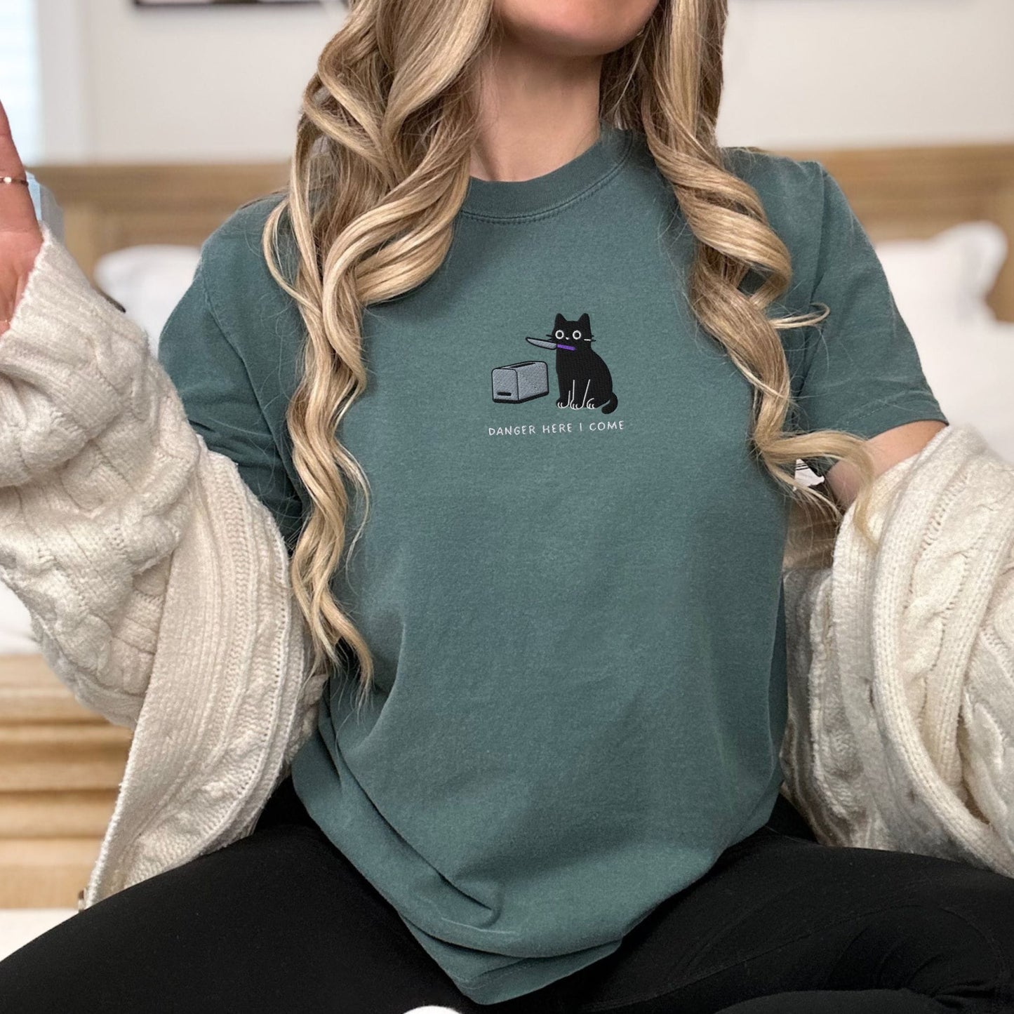 Pine Spice Books Danger Here I Come Cat Embroidered T-Shirt Danger Here I Come Cat Embroidered T-Shirt