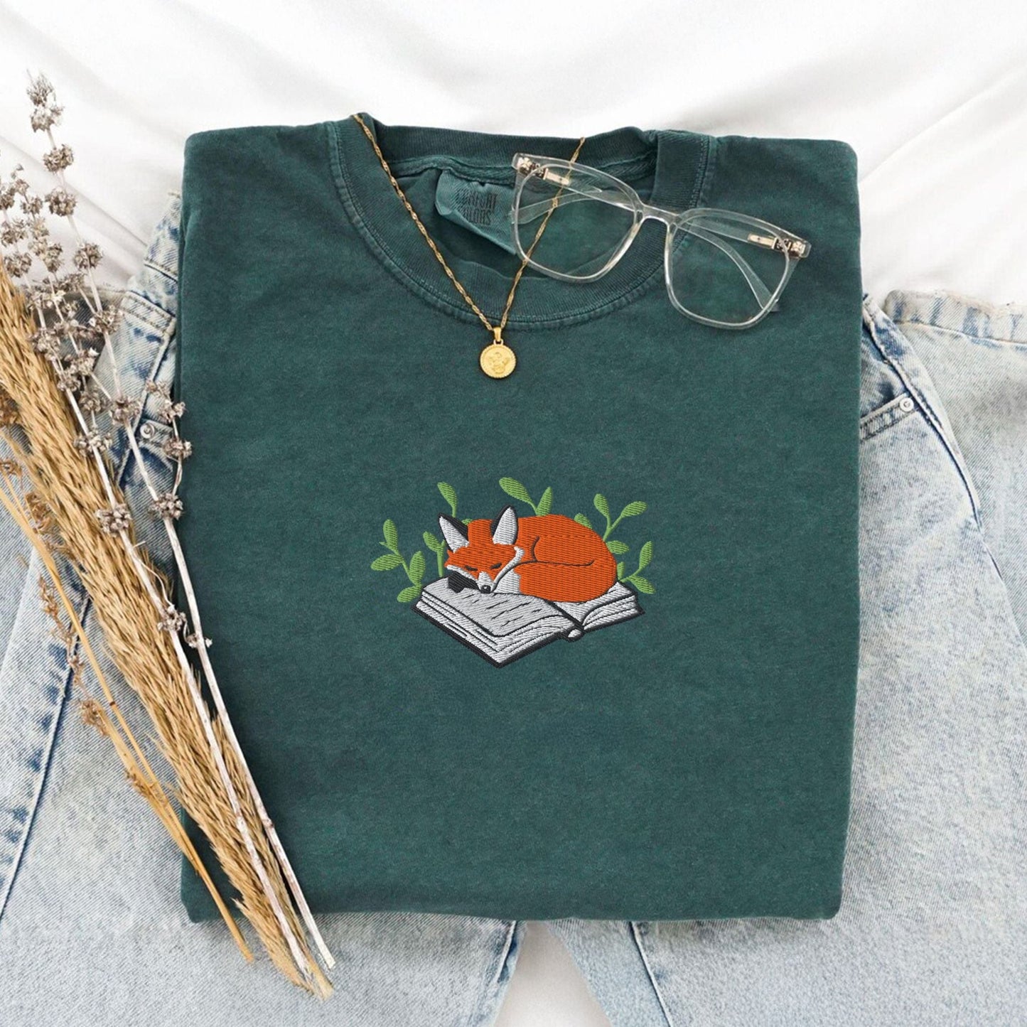 Pine Spice Books Fox Sleeping on a Book Embroidered T-Shirt Fox Sleeping on a Book Embroidered T-Shirt