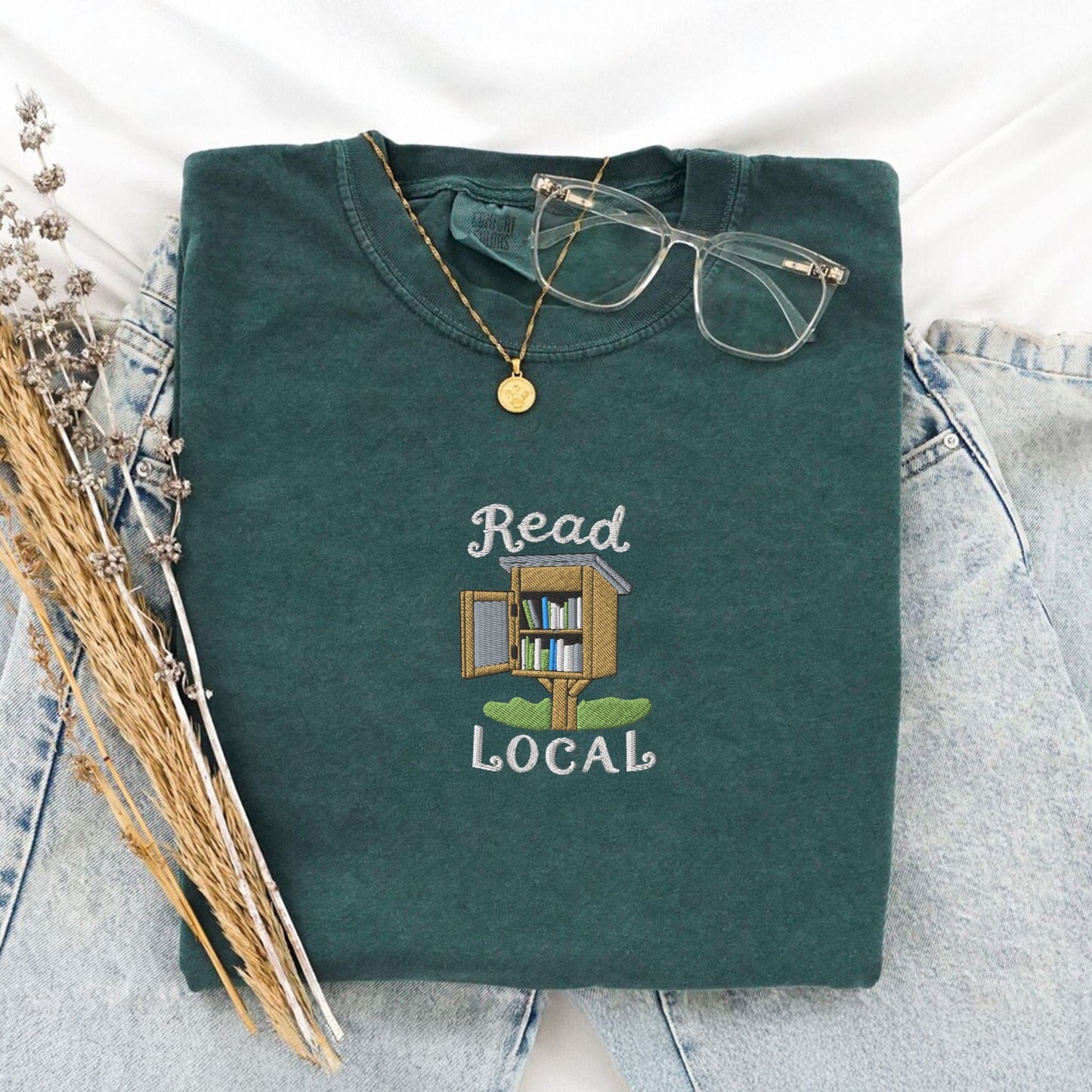 Pine Spice Books Read Local Embroidered T-Shirt Read Local Embroidered T-Shirt