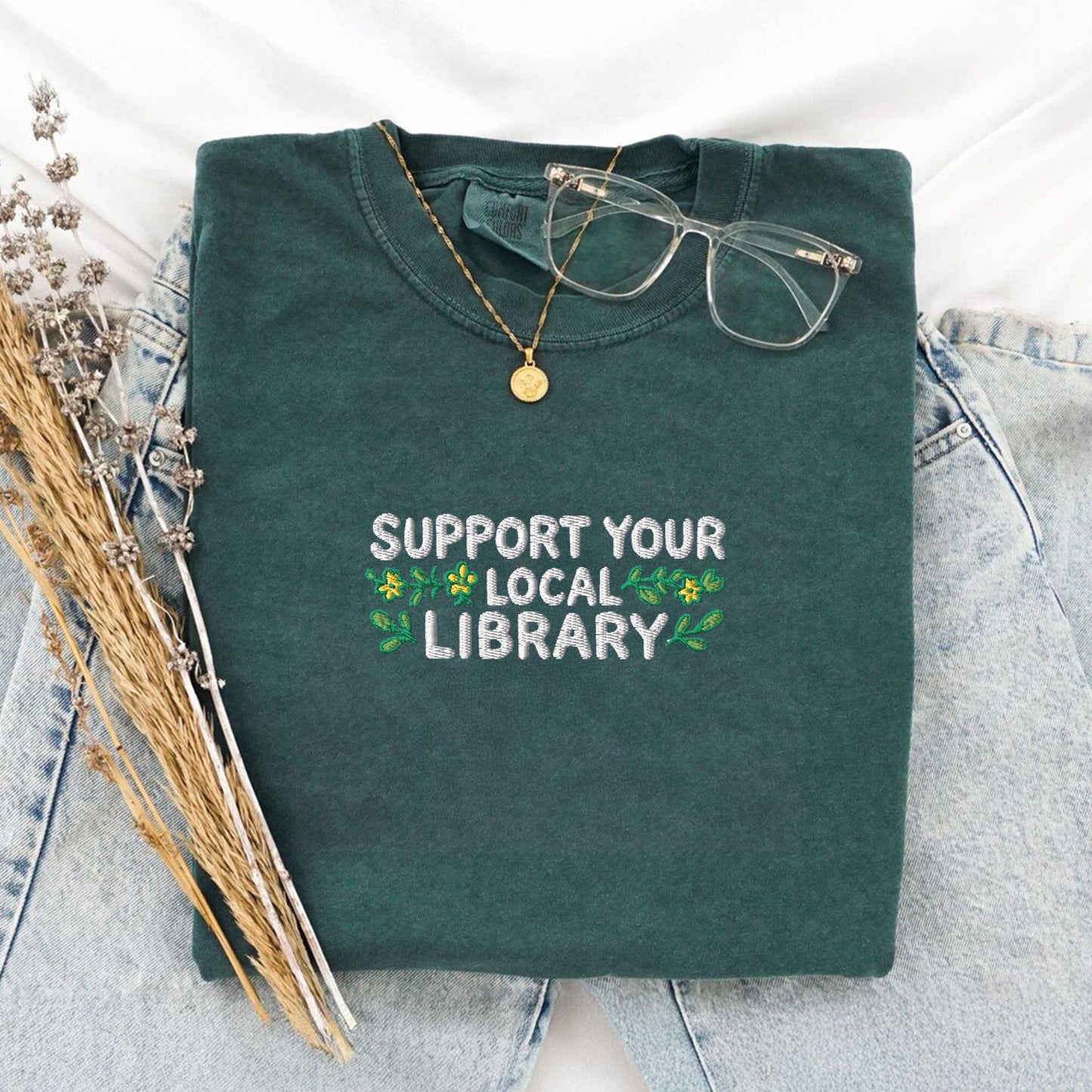 Pine Spice Books Support Your Local Library Embroidered T-Shirt Support Your Local Library Embroidered T-Shirt