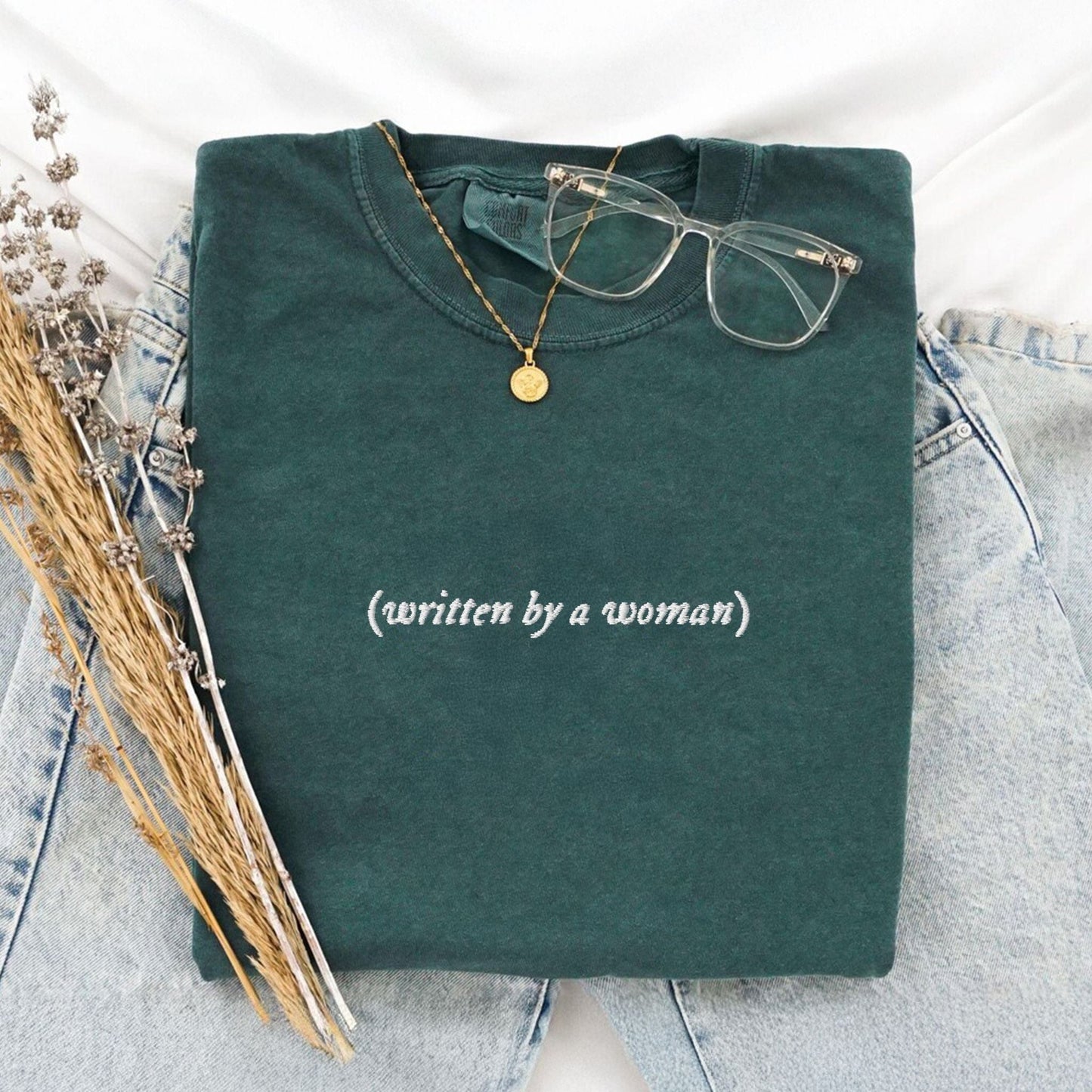 Pine Spice Books Written By A Woman Embroidered T-Shirt Written By A Woman Embroidered T-Shirt