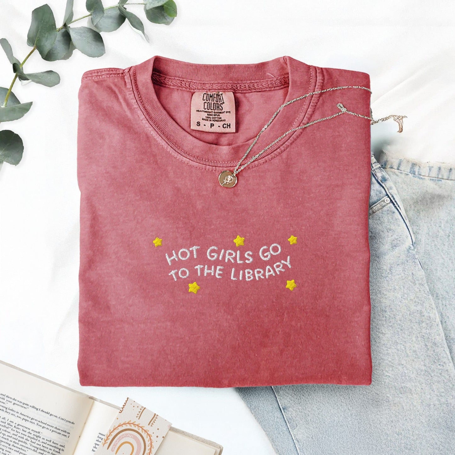 Pine Spice Books Hot Girls Go to the Library Embroidered T-Shirt Hot Girls Go to the Library Embroidered T-Shirt