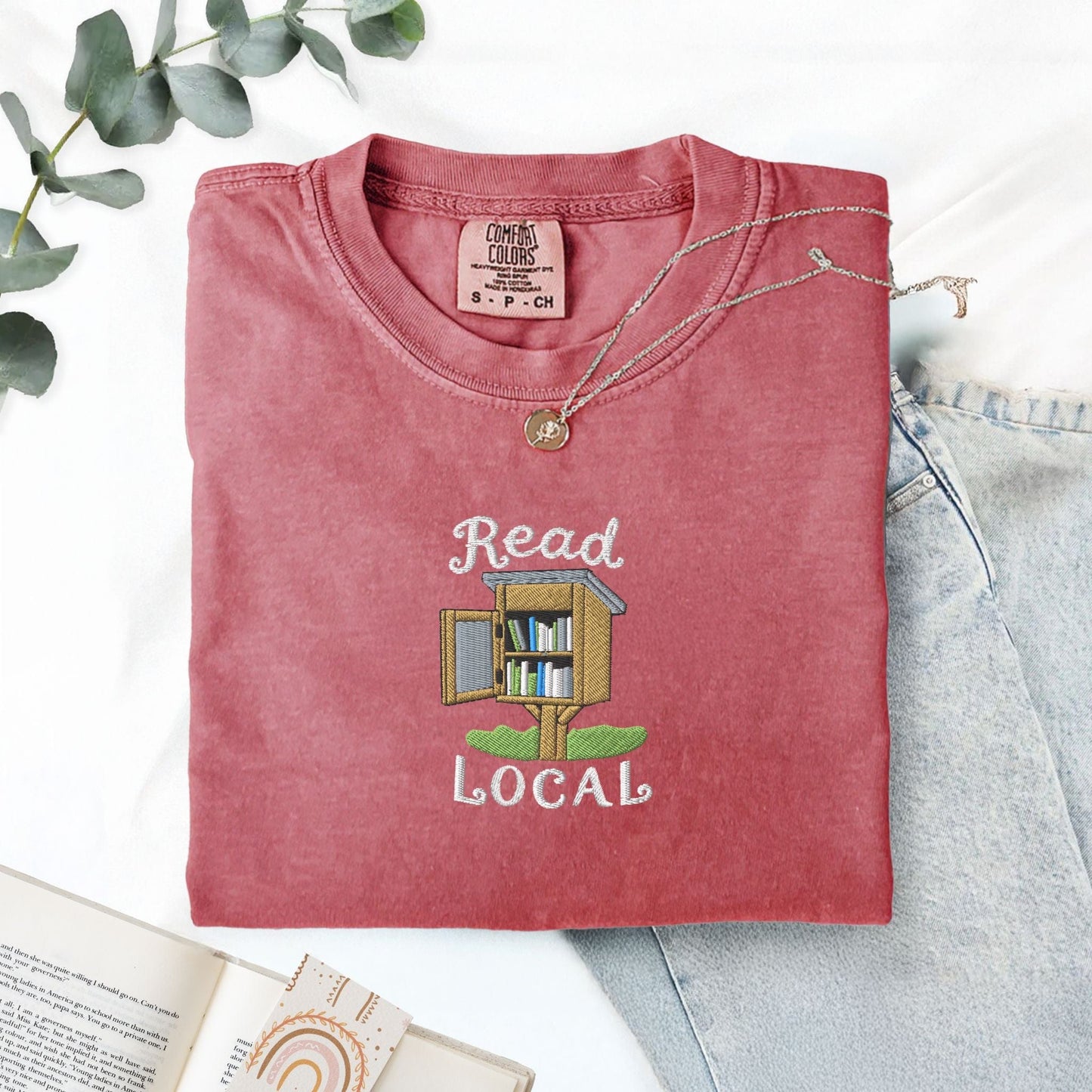Pine Spice Books Read Local Embroidered T-Shirt Read Local Embroidered T-Shirt