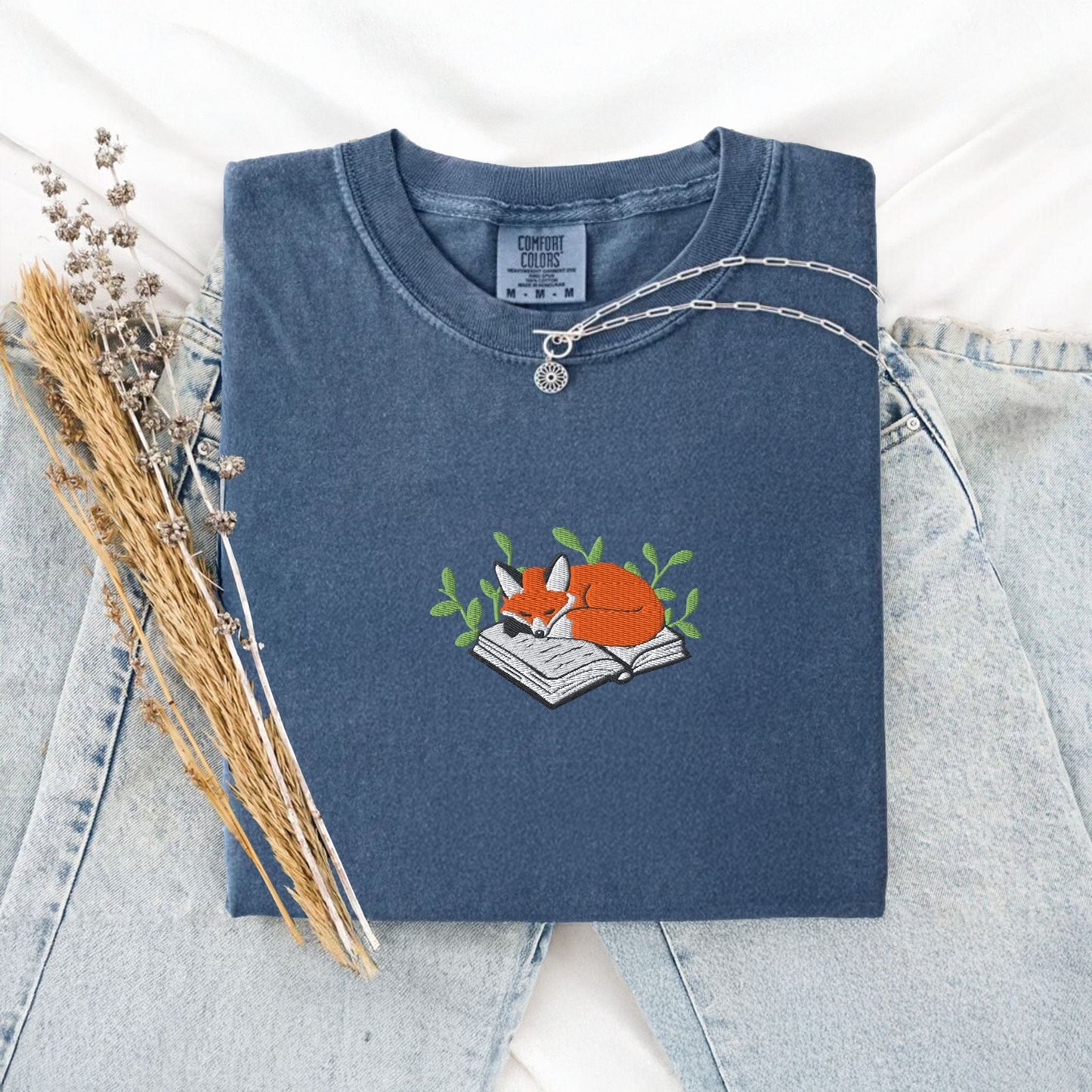 Pine Spice Books Fox Sleeping on a Book Embroidered T-Shirt Fox Sleeping on a Book Embroidered T-Shirt