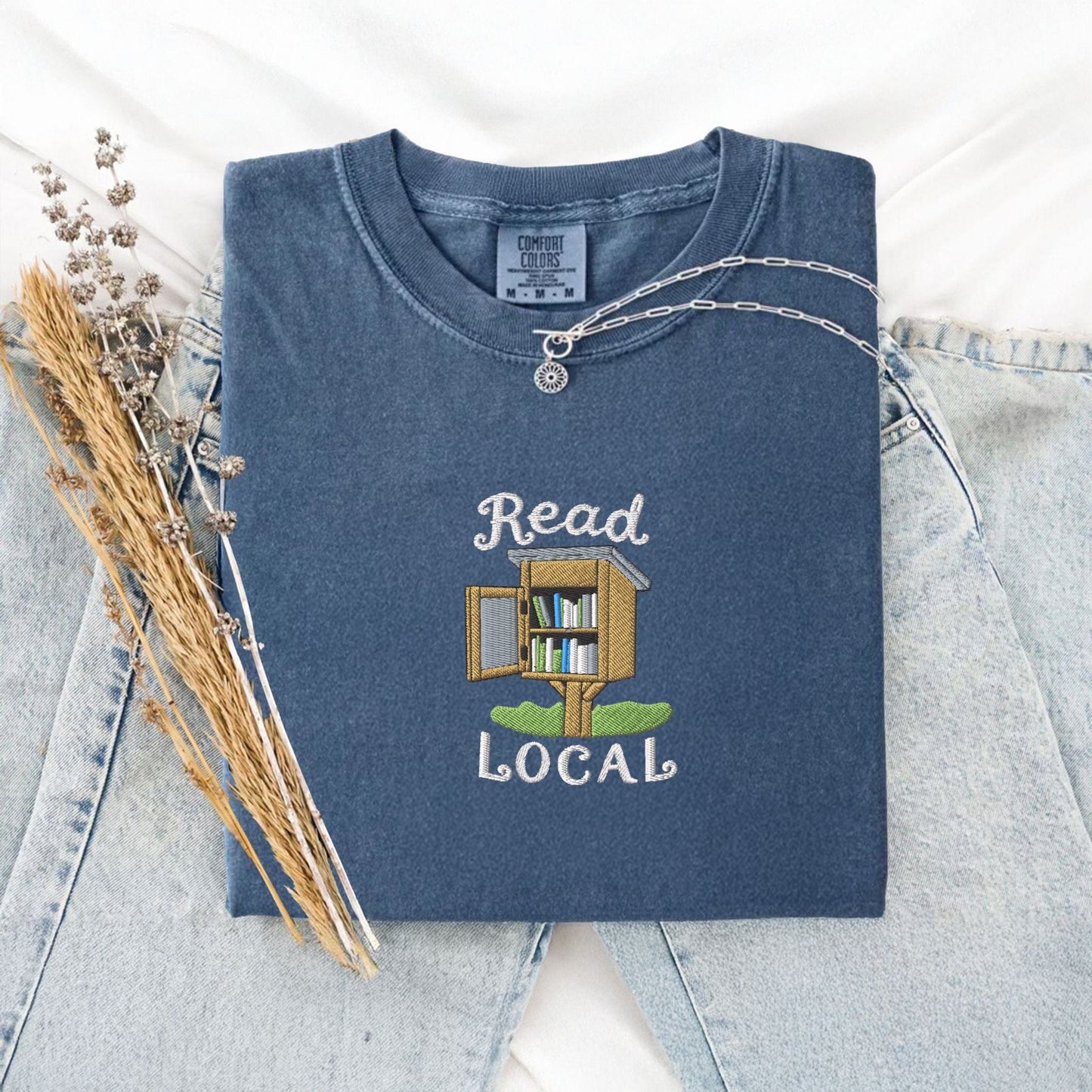 Pine Spice Books Read Local Embroidered T-Shirt Read Local Embroidered T-Shirt