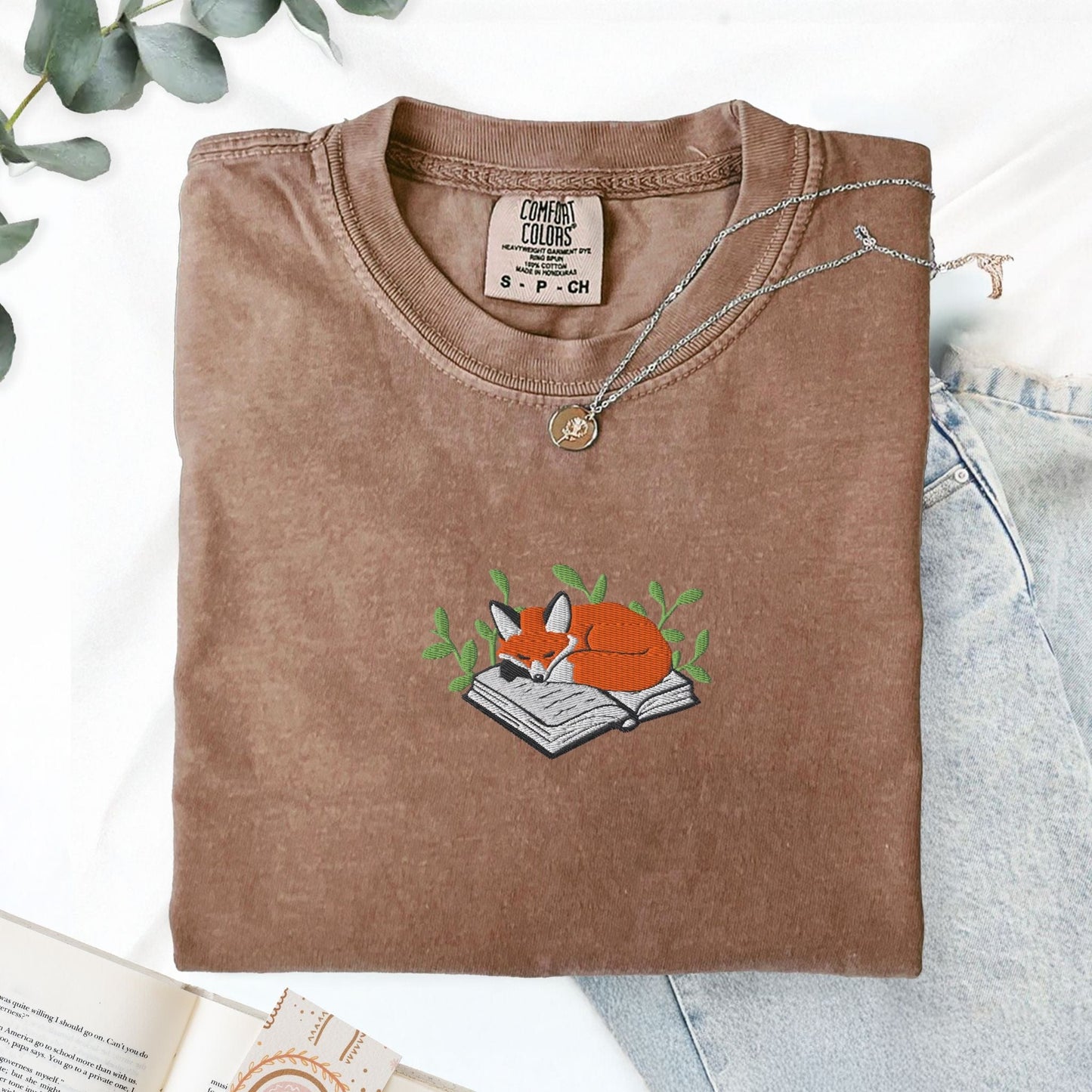 Pine Spice Books Fox Sleeping on a Book Embroidered T-Shirt Fox Sleeping on a Book Embroidered T-Shirt
