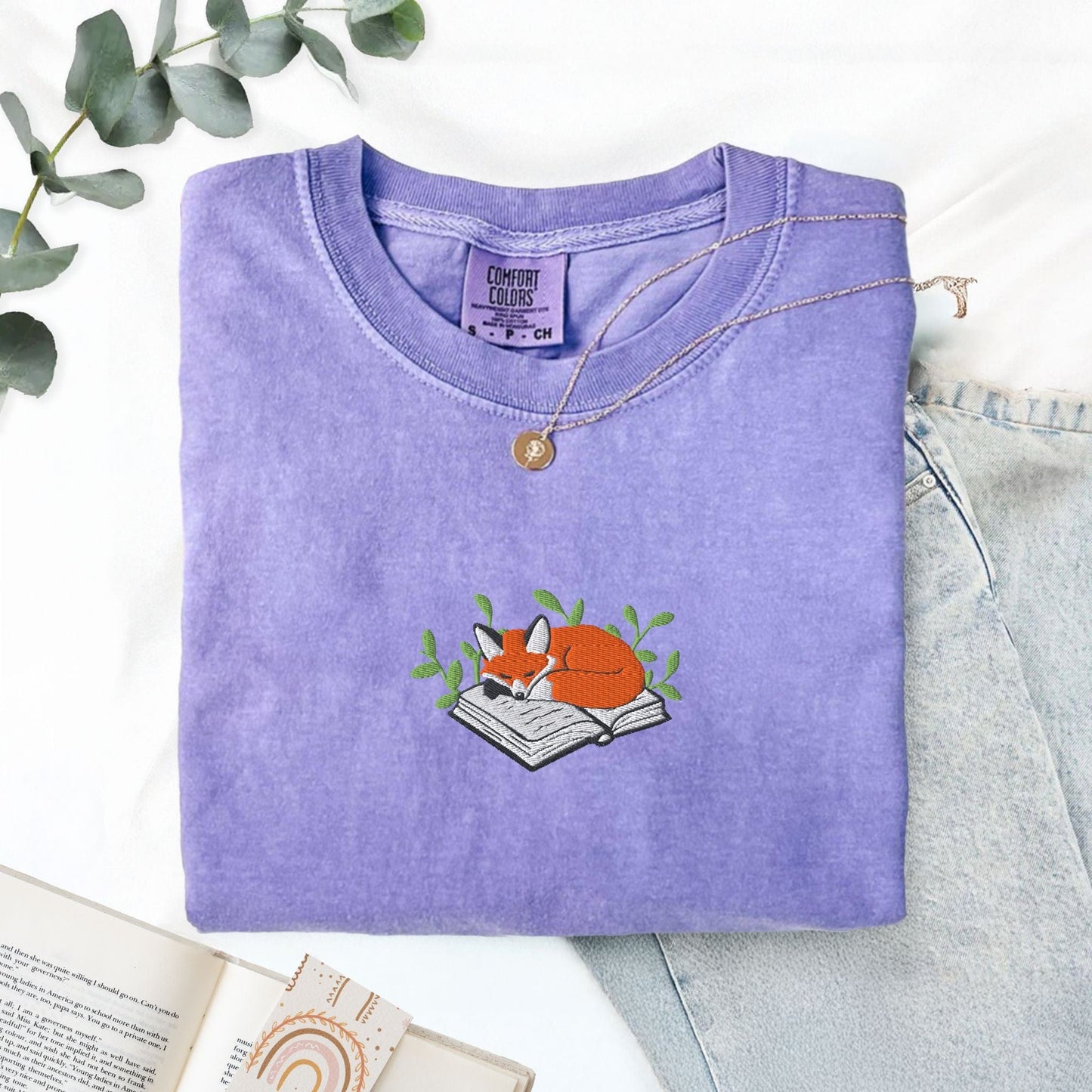 Pine Spice Books Fox Sleeping on a Book Embroidered T-Shirt Fox Sleeping on a Book Embroidered T-Shirt