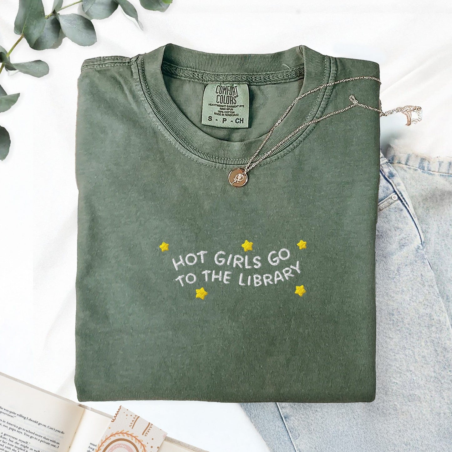 Pine Spice Books Hot Girls Go to the Library Embroidered T-Shirt Hot Girls Go to the Library Embroidered T-Shirt