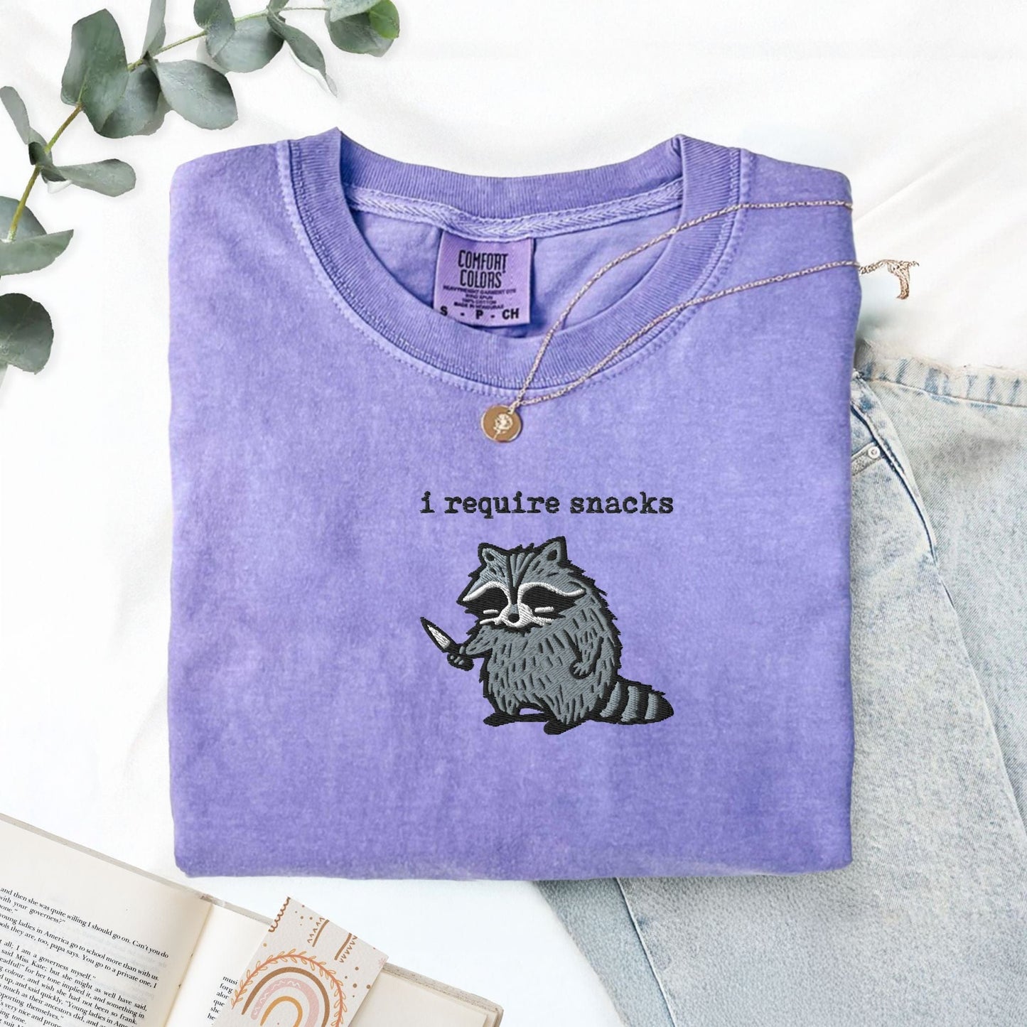 Pine Spice Books I Require Snacks Raccoon Embroidered T-Shirt I Require Snacks Raccoon Embroidered T-Shirt