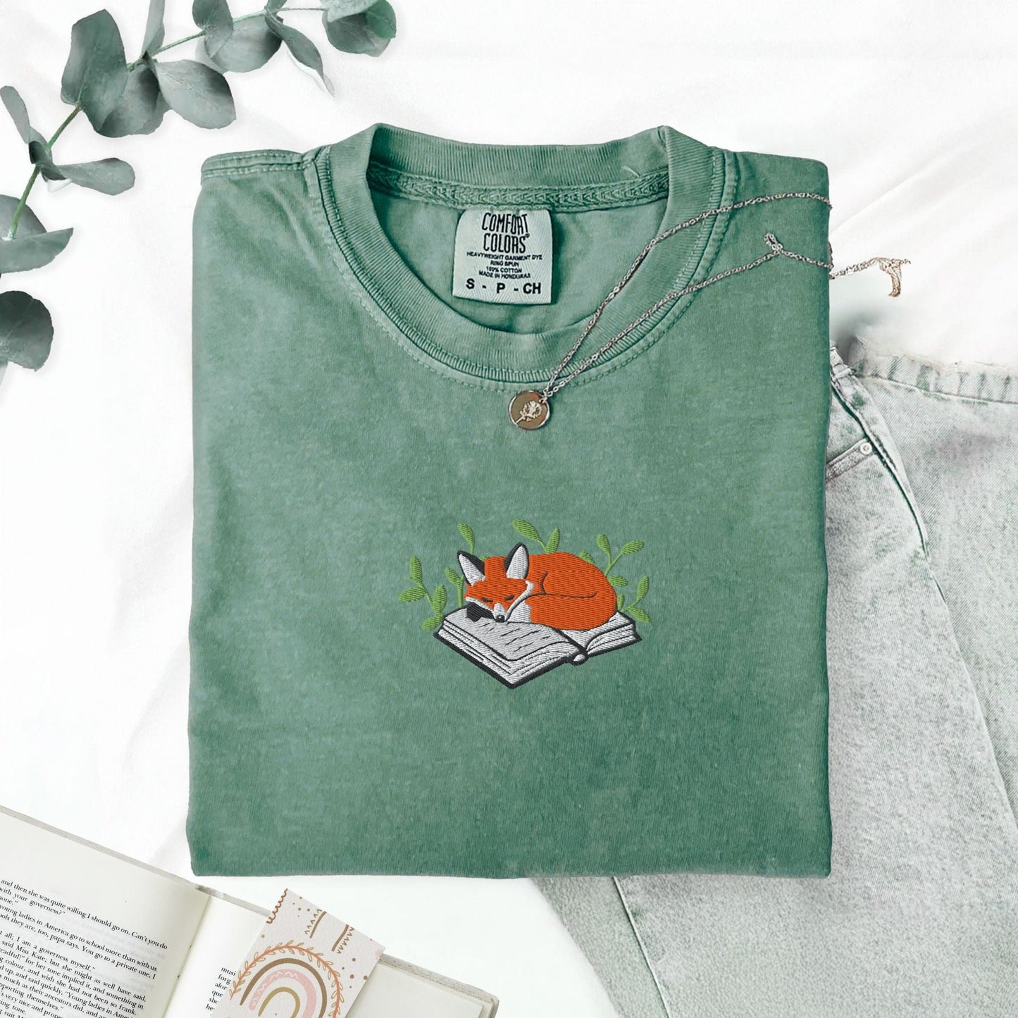 Pine Spice Books Fox Sleeping on a Book Embroidered T-Shirt Fox Sleeping on a Book Embroidered T-Shirt
